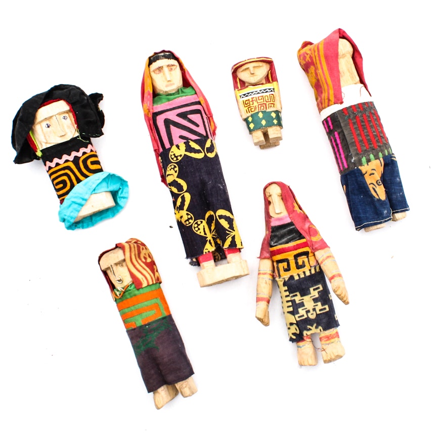 Panamanian Carved Figures with Mola Clothing