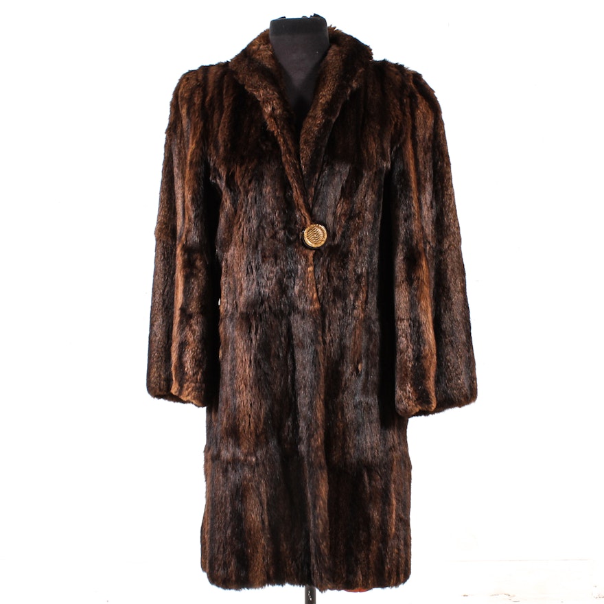 Dyed Mahogany Muskrat Fur Coat, Mid-20th Century Vintage