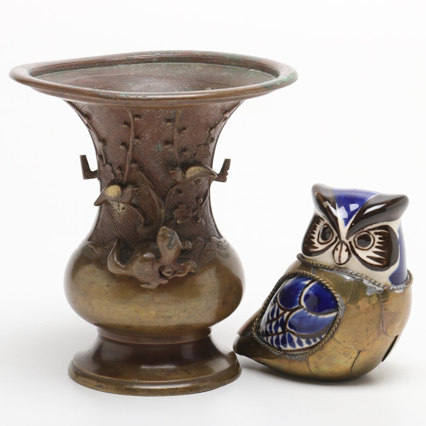 Japanese Brass Animal Motif Vase with Owl Figurine