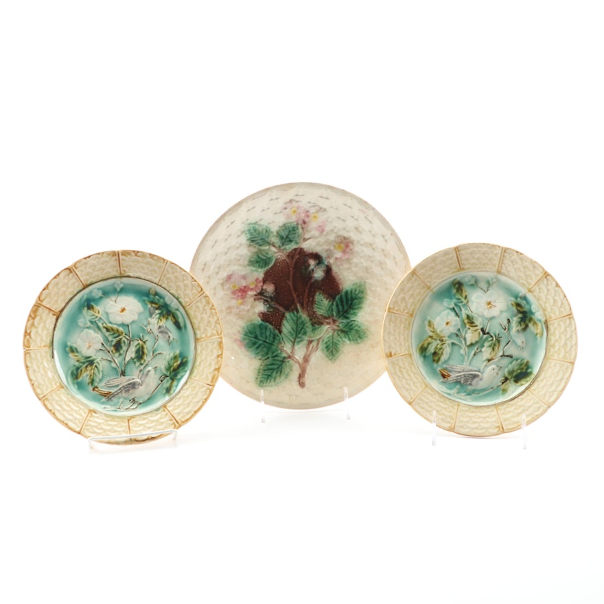 Antique Floral Themed Majolica Plates