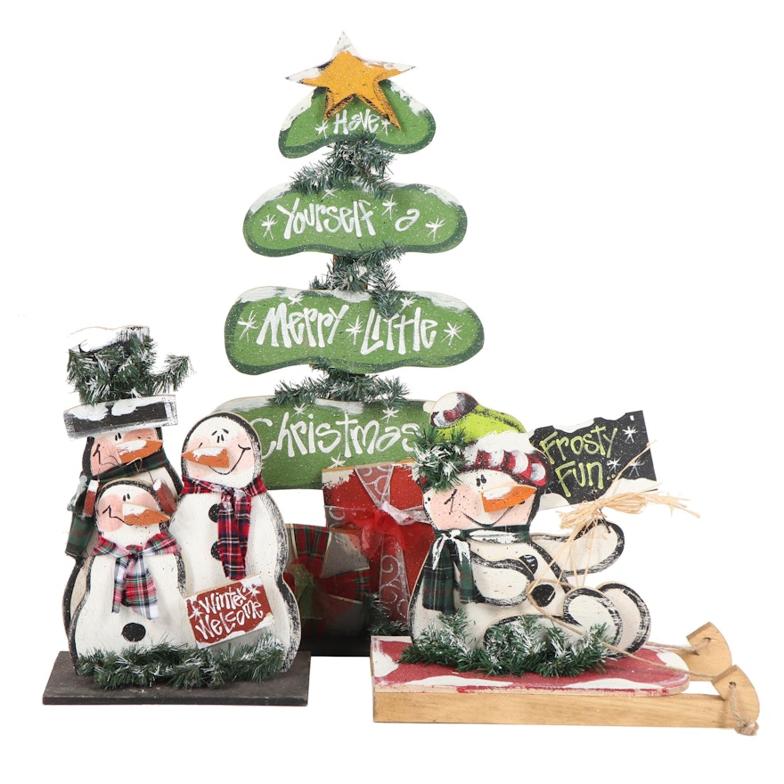 Hand-Painted Decorated Plywood Christmas Decor Featuring Snowmen