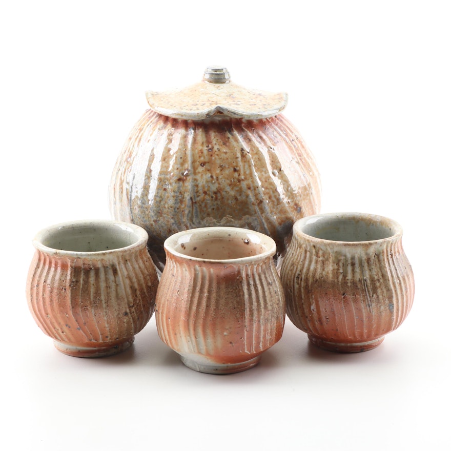 Jason Bohmert Wood Fired Stoneware Biscuit Barrel and Footed Cups