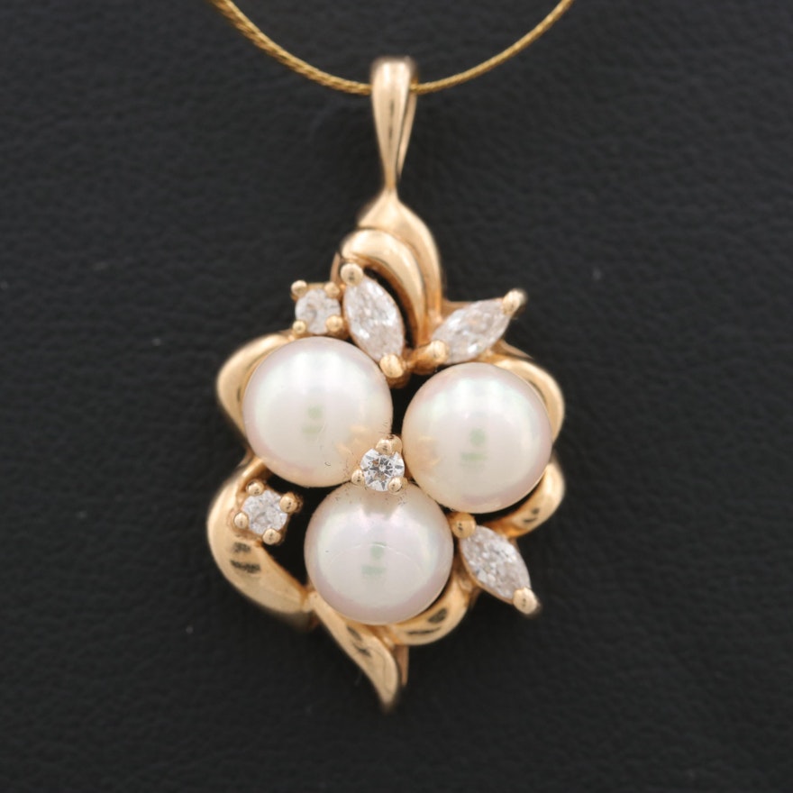 14K Yellow Gold Cultured Pearl and Cubic Zirconia Pendant Necklace