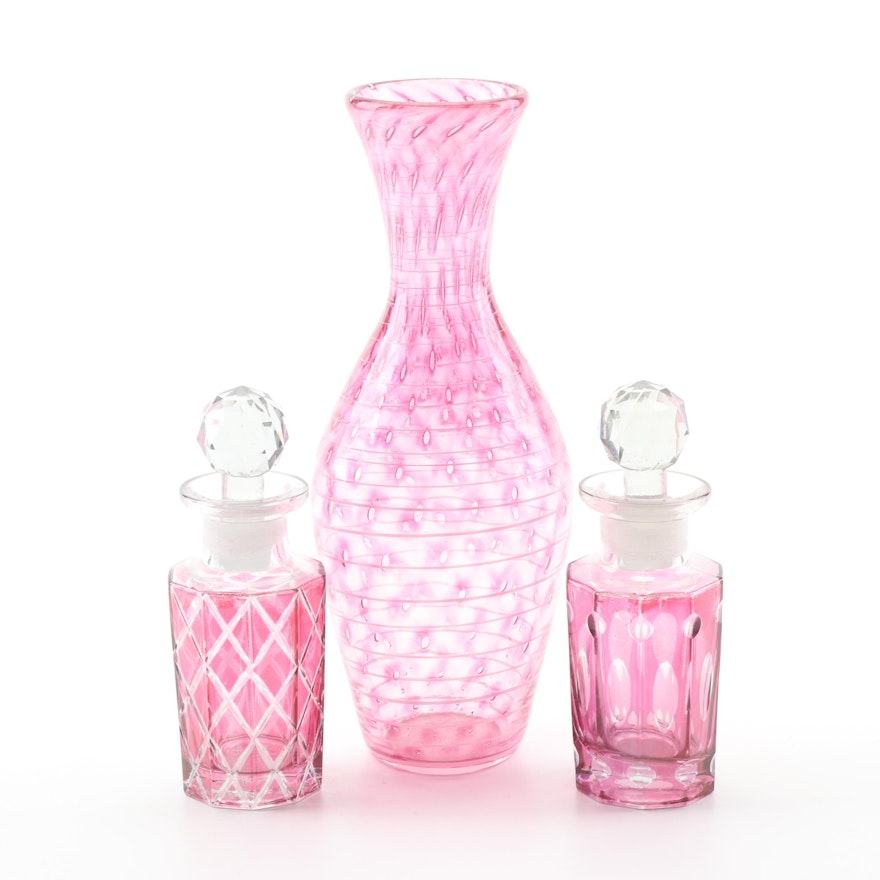 Bruce Pizzichillo Art Glass Vase and Flashed Cranberry Perfume Bottles