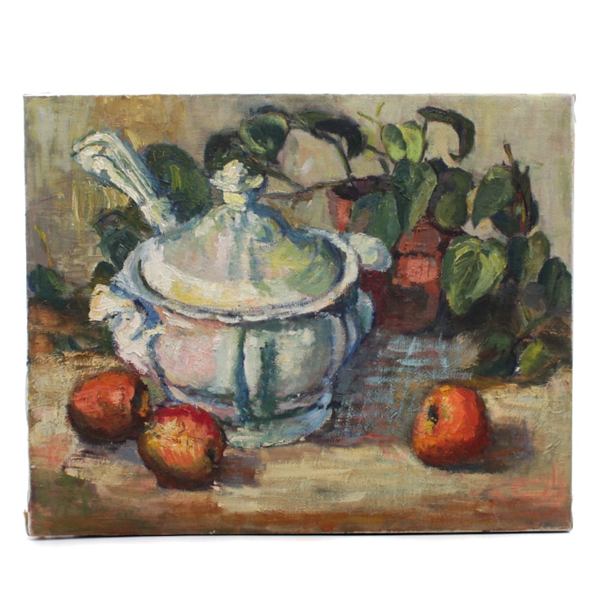 Leah Frandzel Still Life Oil Painting of Apples and Lidded Dish
