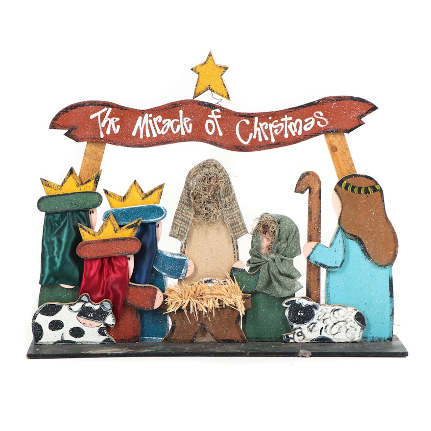 Hand-Painted Decorated Plywood "The Miracle of Christmas" Nativity Scene