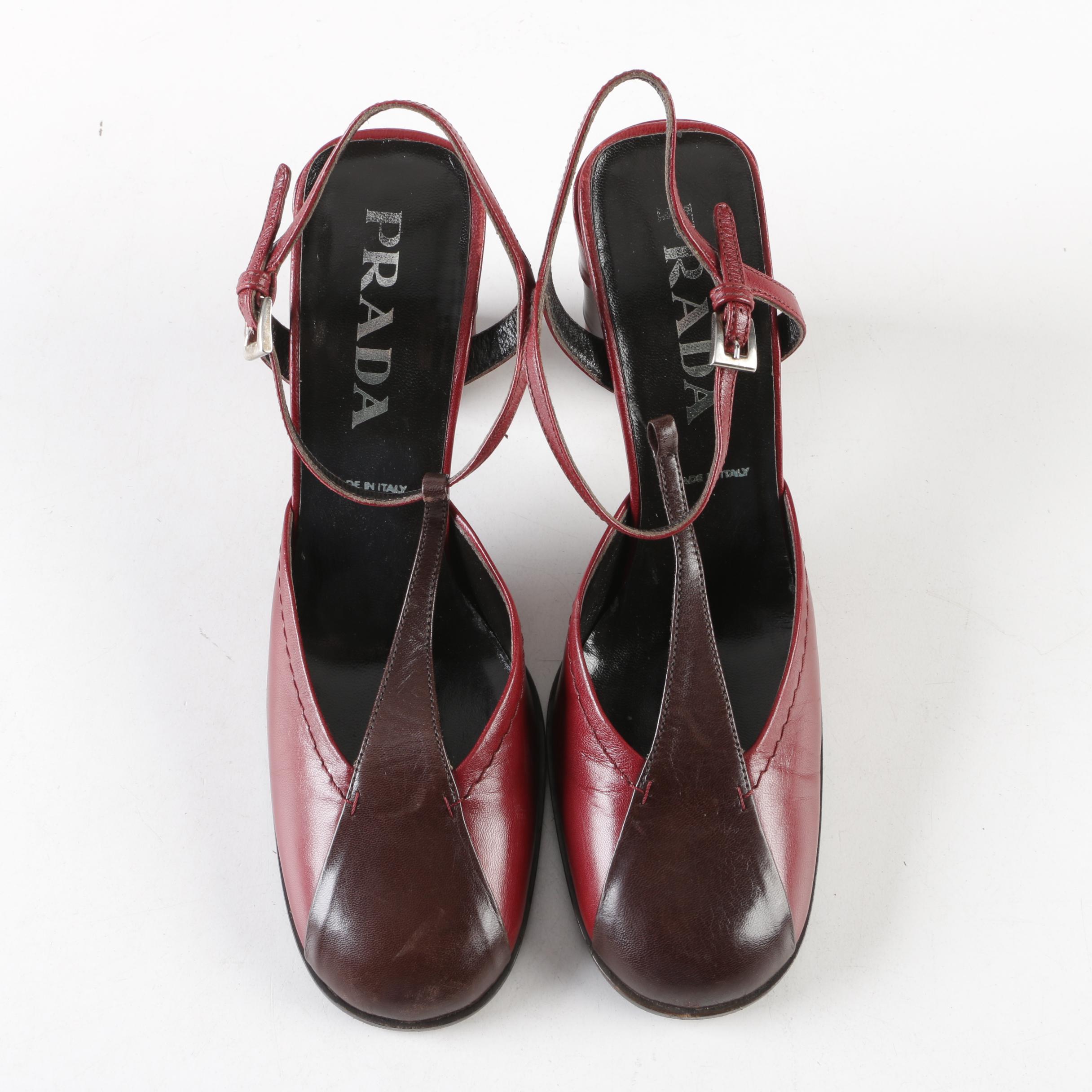 Women's Prada Two-Tone Burgundy and Brown Leather T-Strap Heels