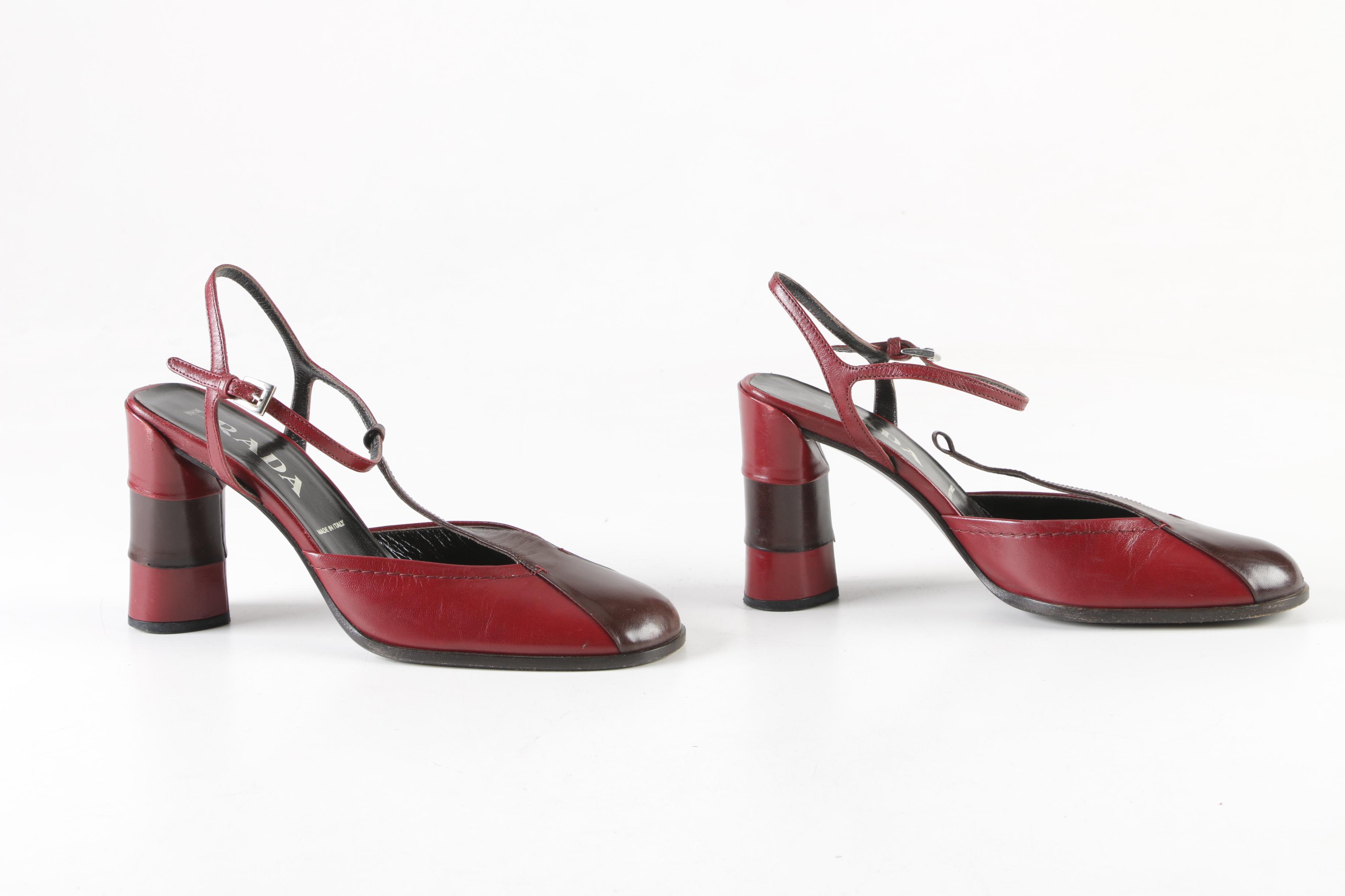 Women's Prada Two-Tone Burgundy and Brown Leather T-Strap Heels