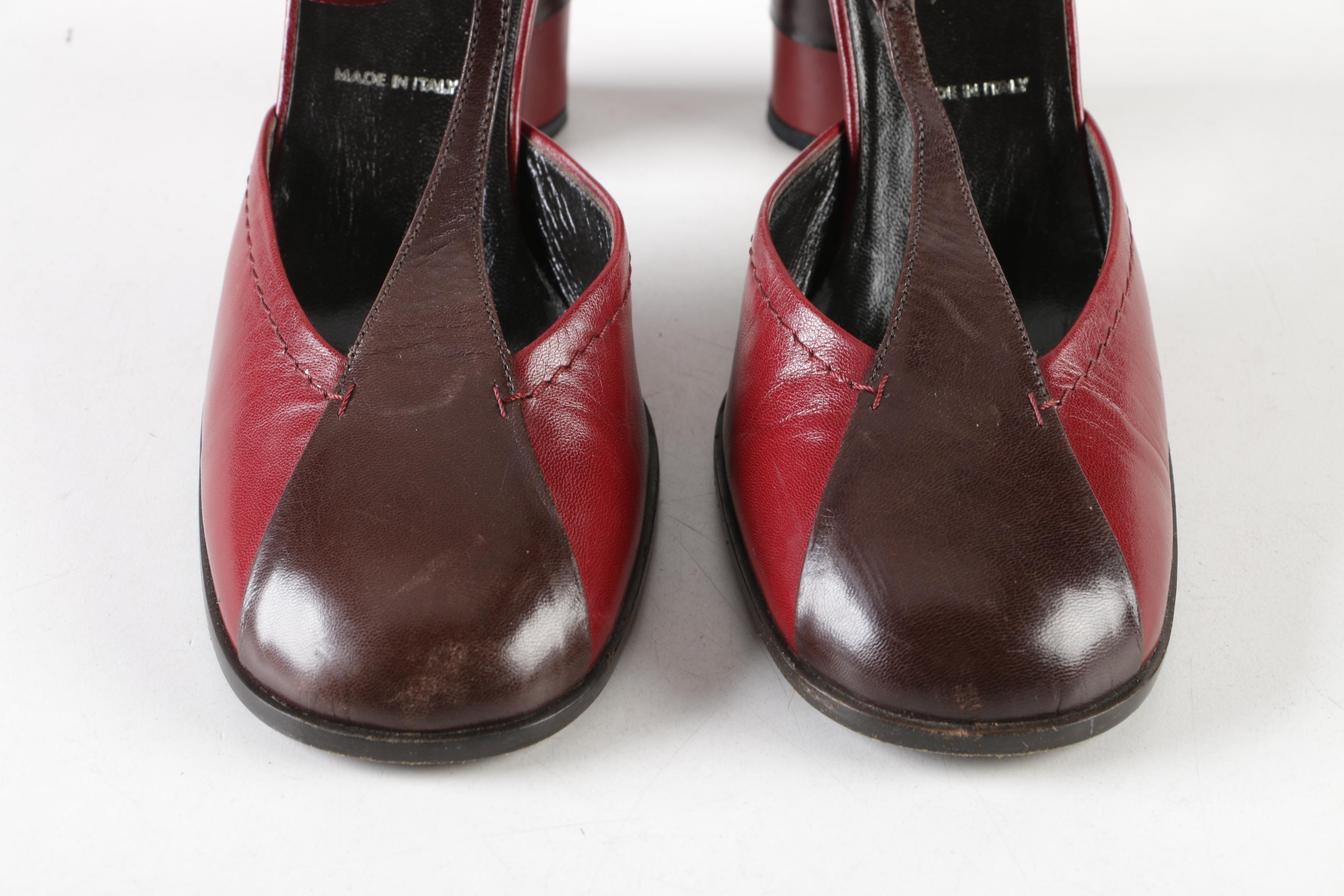 Women's Prada Two-Tone Burgundy and Brown Leather T-Strap Heels