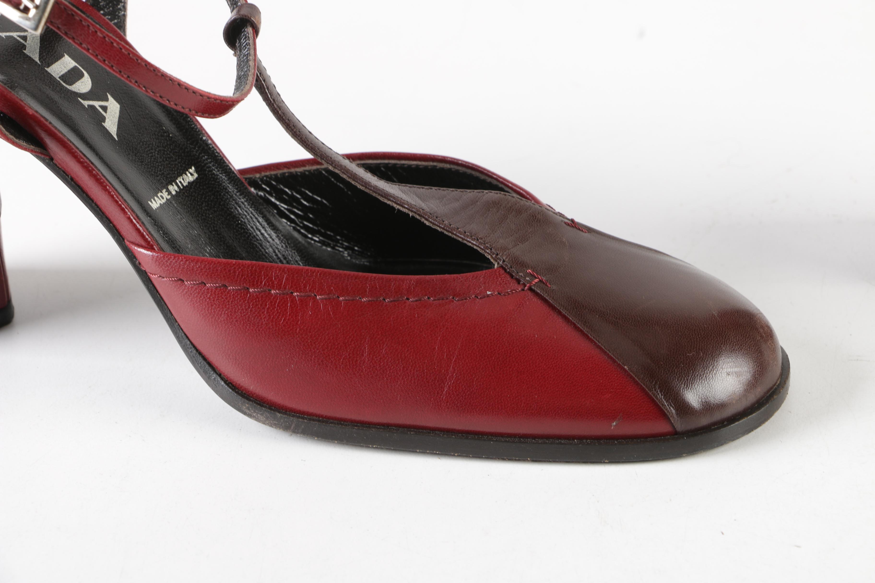 Women's Prada Two-Tone Burgundy and Brown Leather T-Strap Heels
