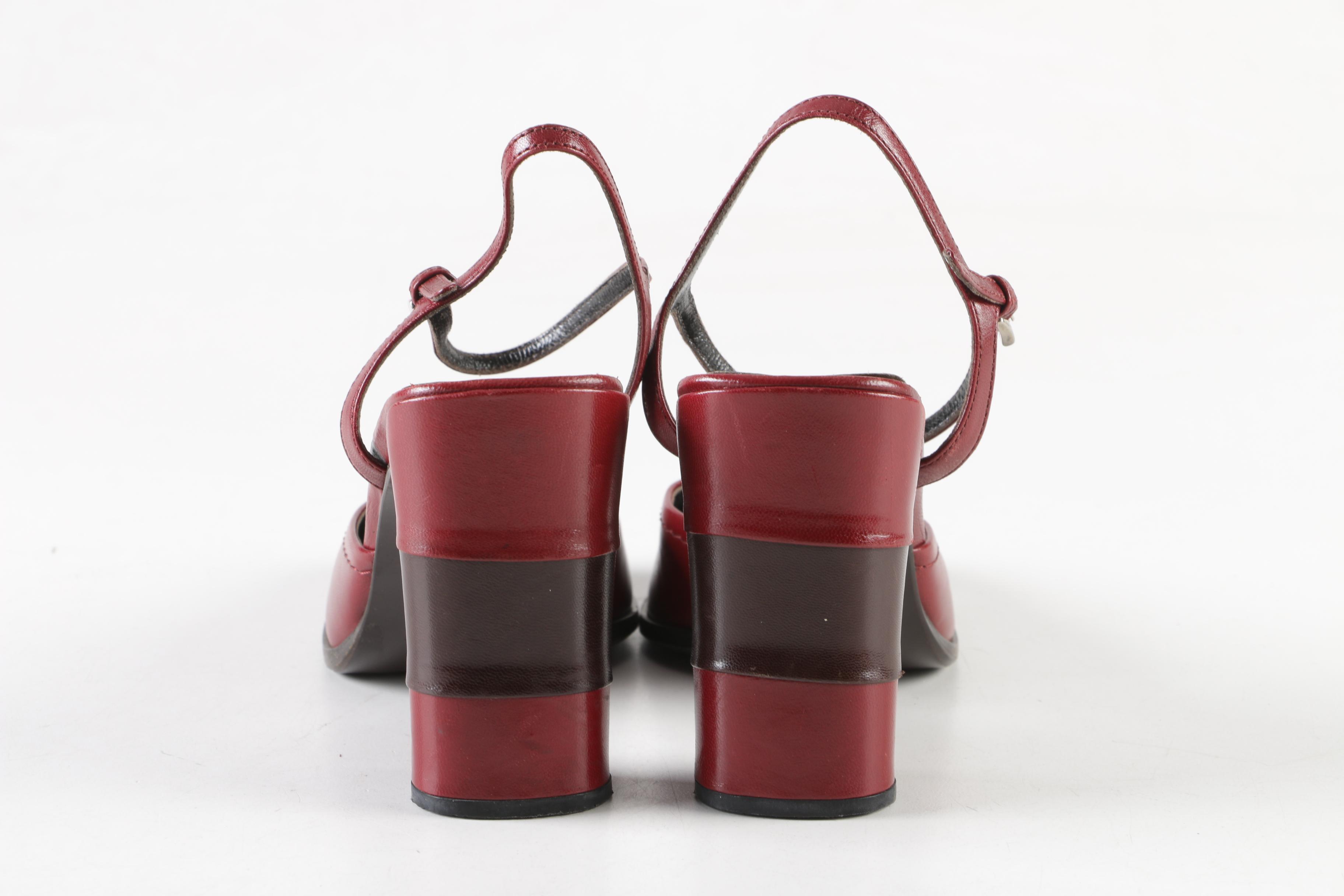 Women's Prada Two-Tone Burgundy and Brown Leather T-Strap Heels