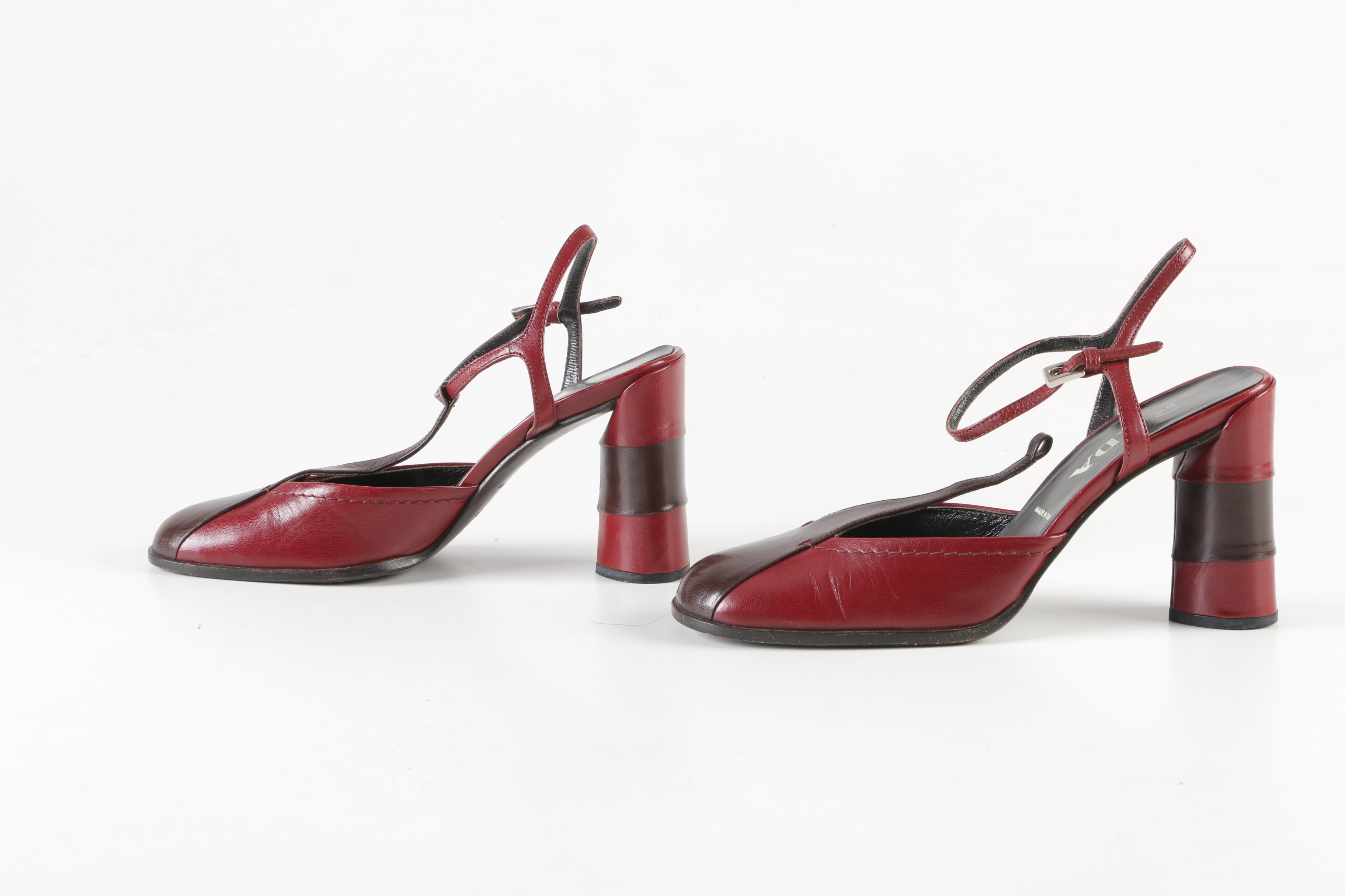 Women's Prada Two-Tone Burgundy and Brown Leather T-Strap Heels