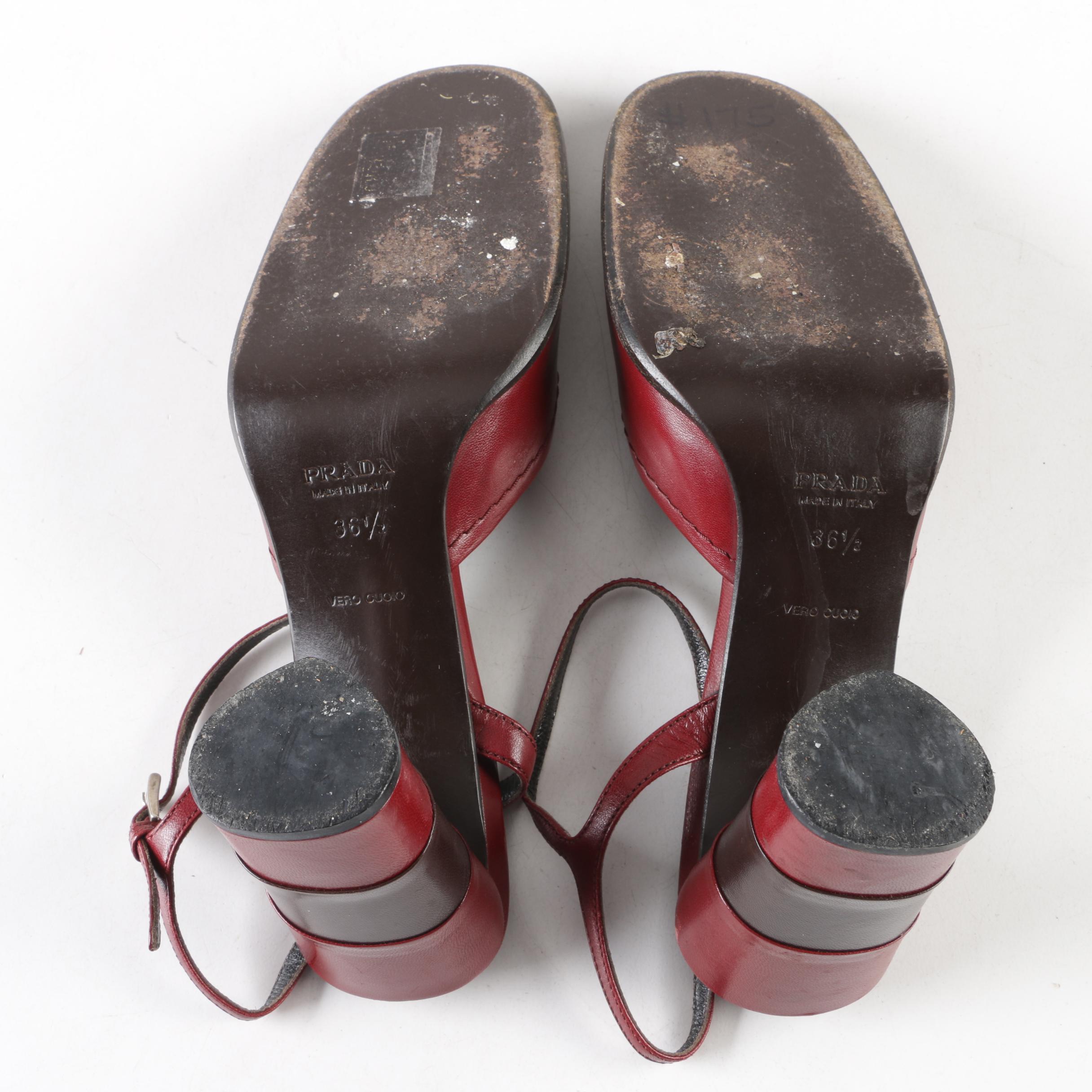 Women's Prada Two-Tone Burgundy and Brown Leather T-Strap Heels