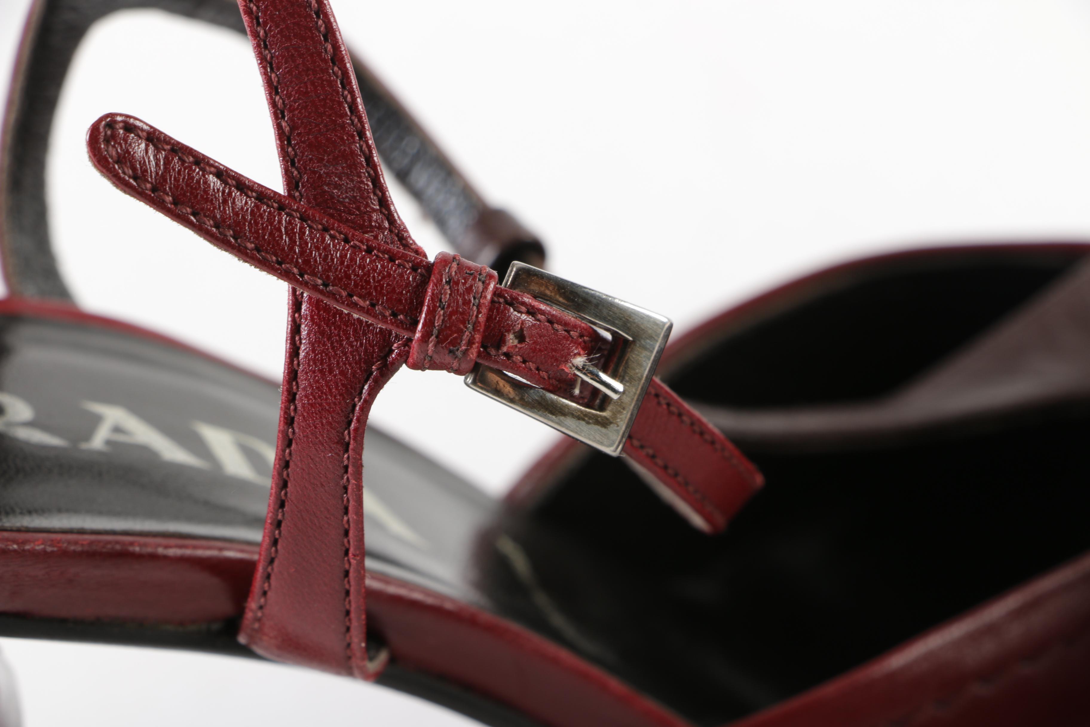 Women's Prada Two-Tone Burgundy and Brown Leather T-Strap Heels