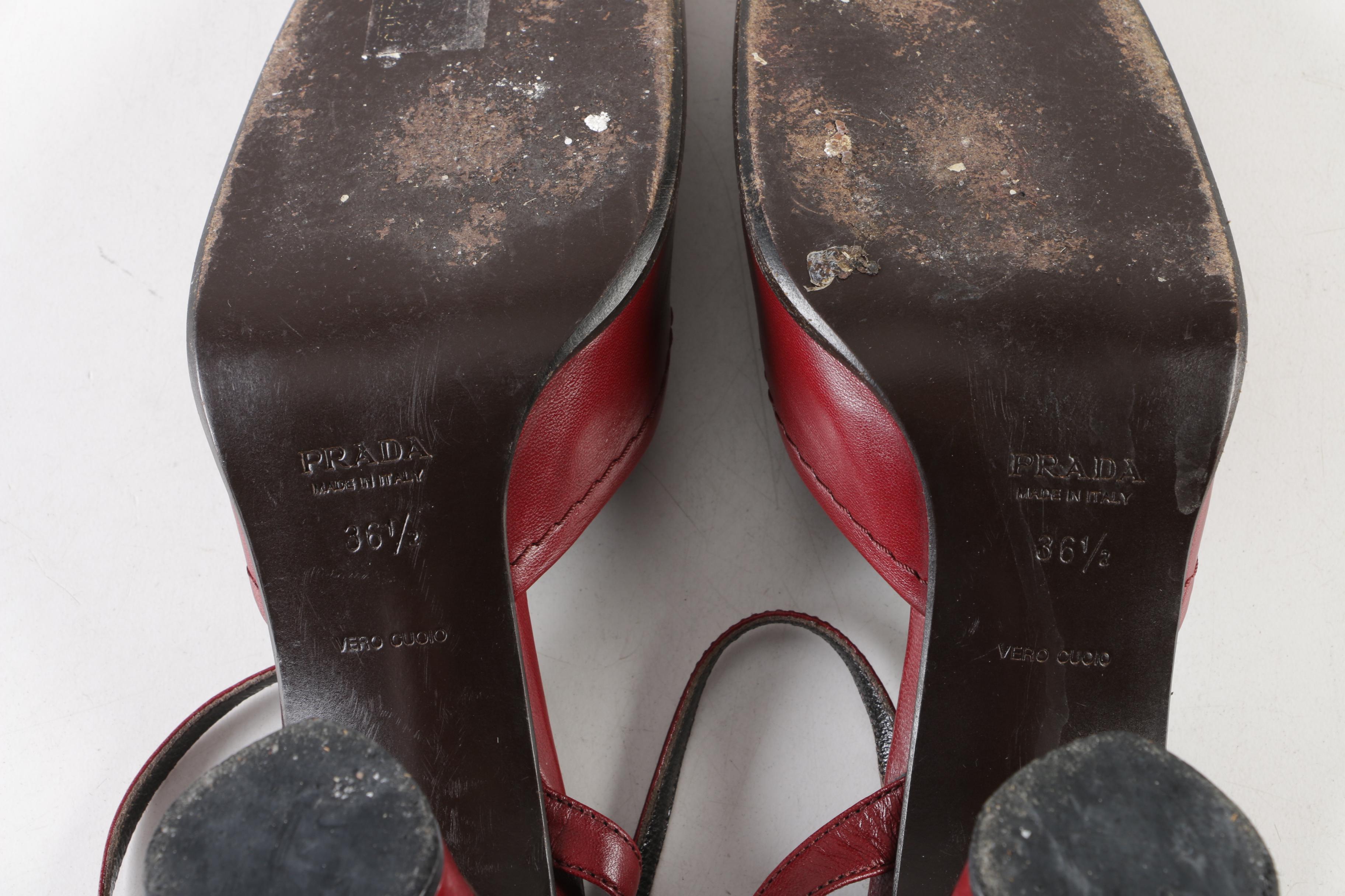 Women's Prada Two-Tone Burgundy and Brown Leather T-Strap Heels