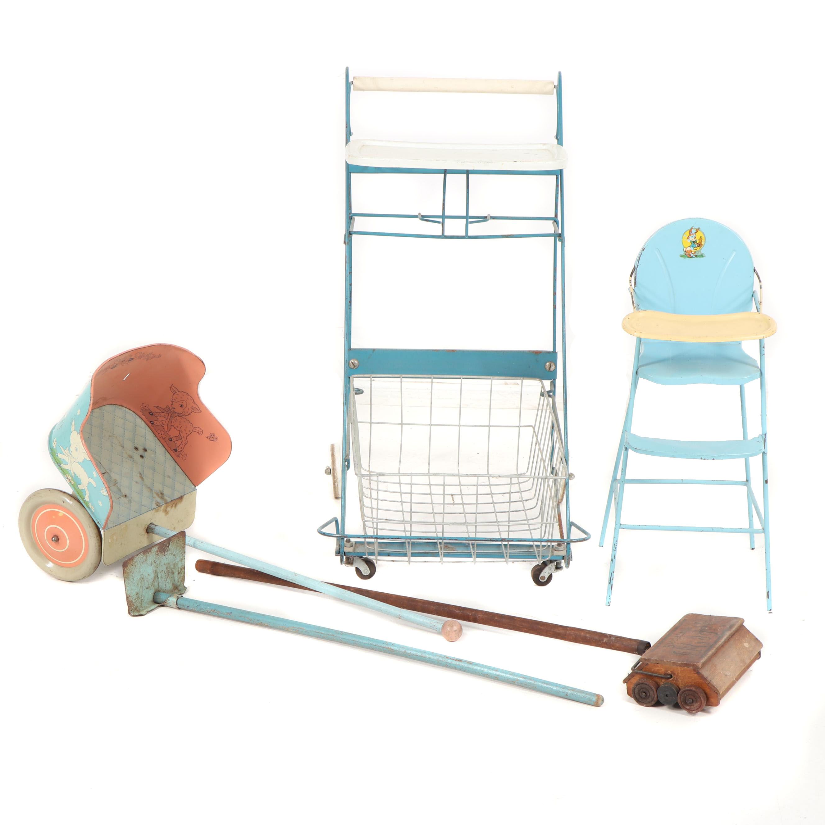Metal Pretend Play Toys Including High Chair, Stroller, and More