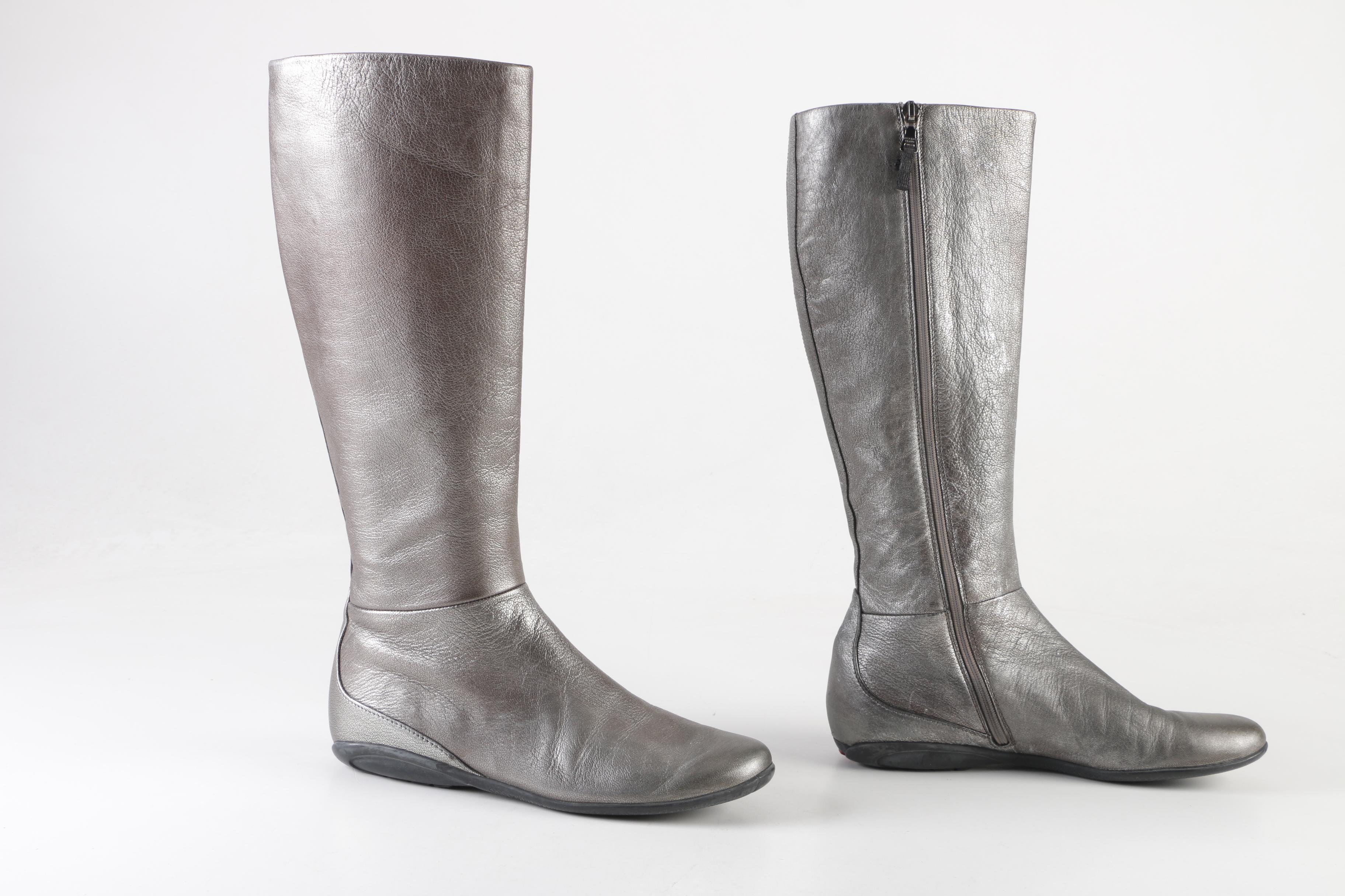 Women's Prada Metallic Silver Leather Zip Boots