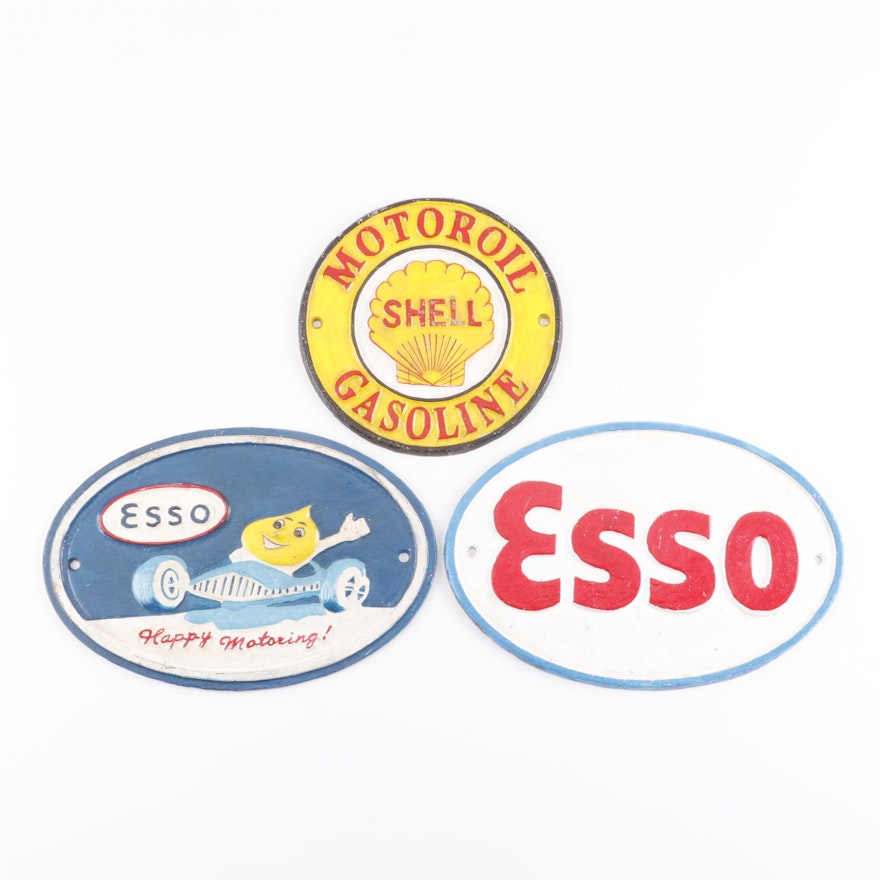 Cast Iron Reproduction Advertising Signs including Shell and Esso
