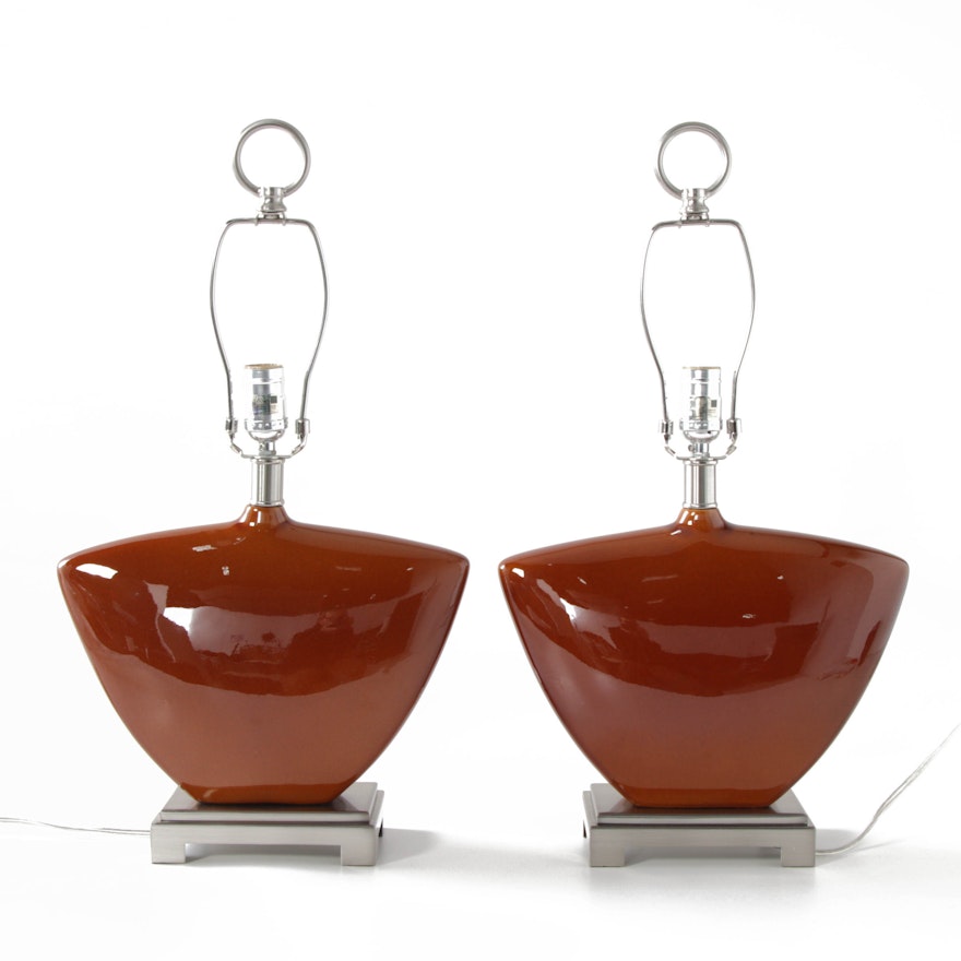 Modern Russet Crackle Glazed Ceramic Table Lamps with Brushed Finished Bases