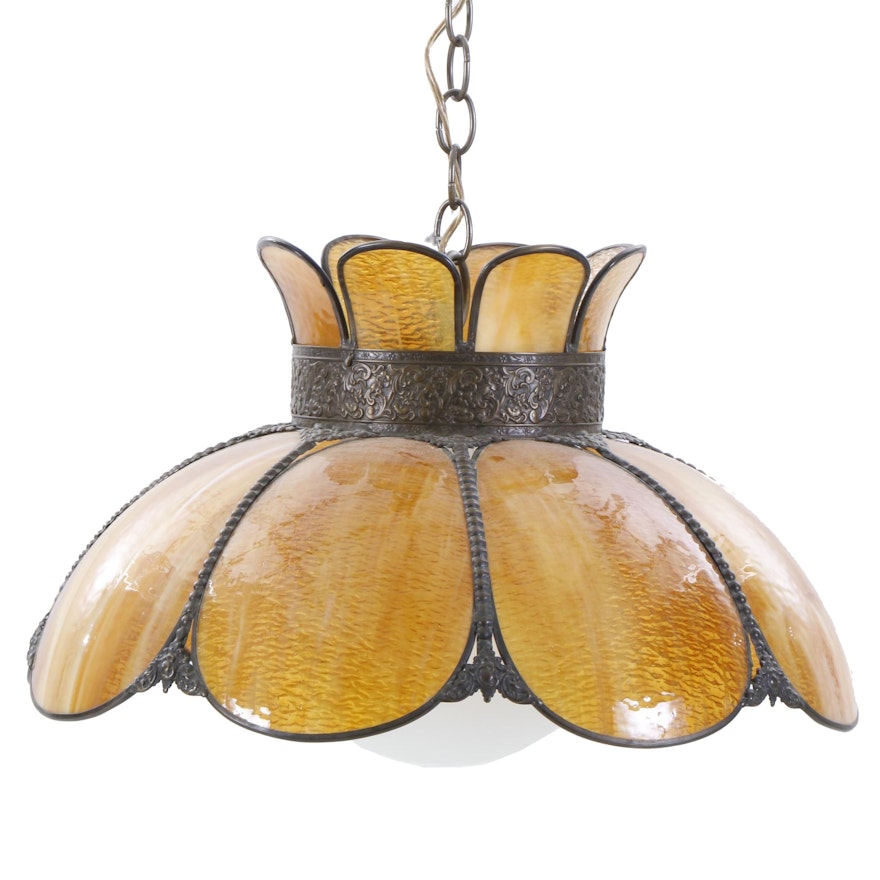 Amber Stained Slag Glass Pendant Lamp, Mid to Late 20th Century