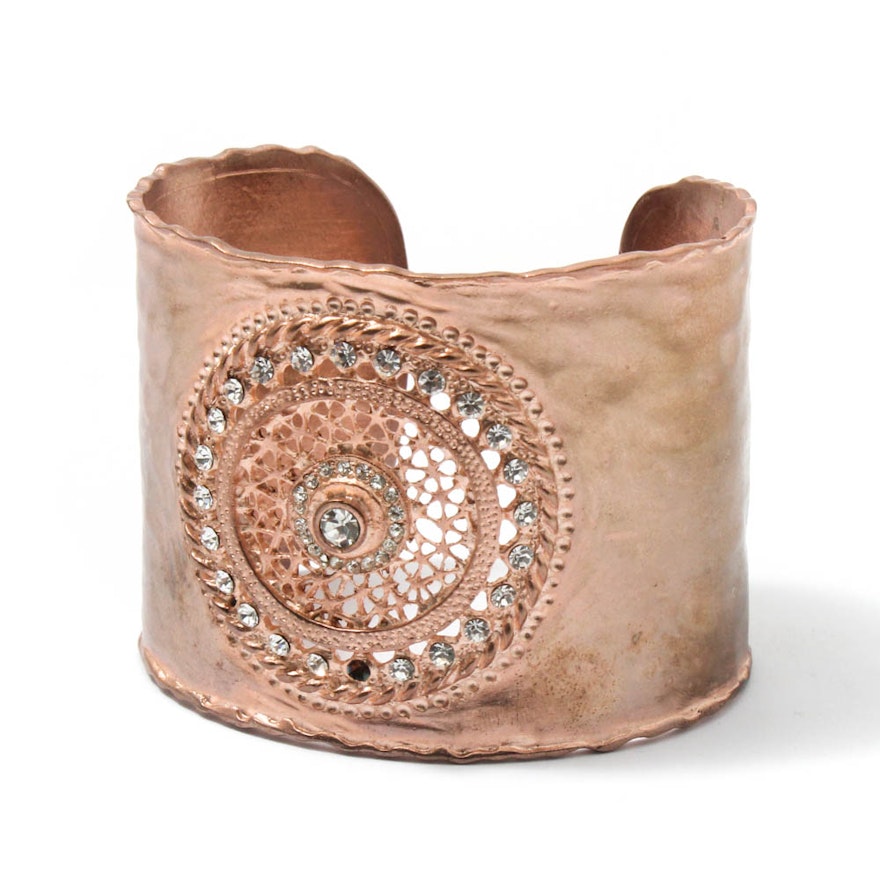 Designer Copper and Rhinestone Openwork Cuff Bracelet