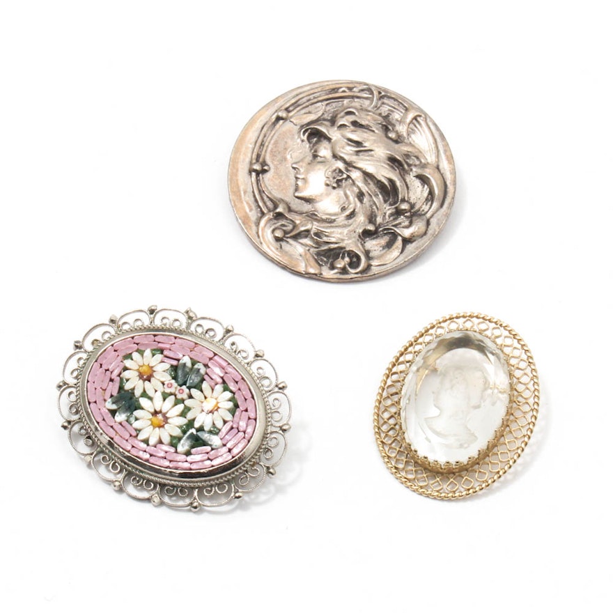 Vintage Micro Mosaic, Art Nouveau, and Cameo Brooches