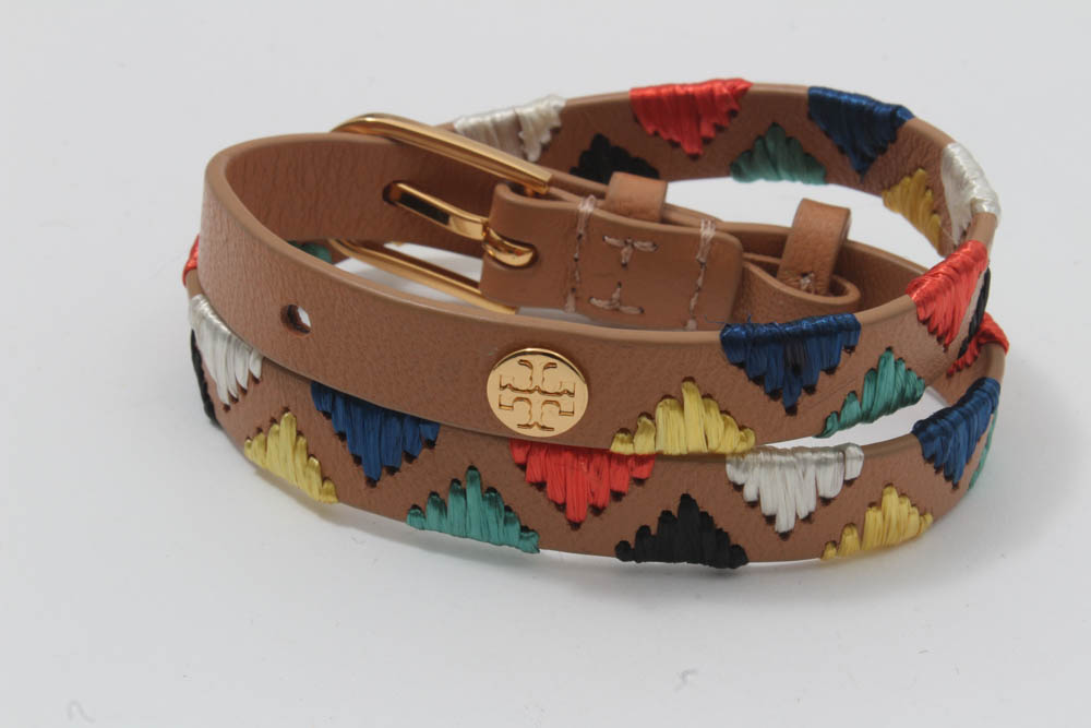 Tory Burch Embroidered Leather Wrap Bracelet