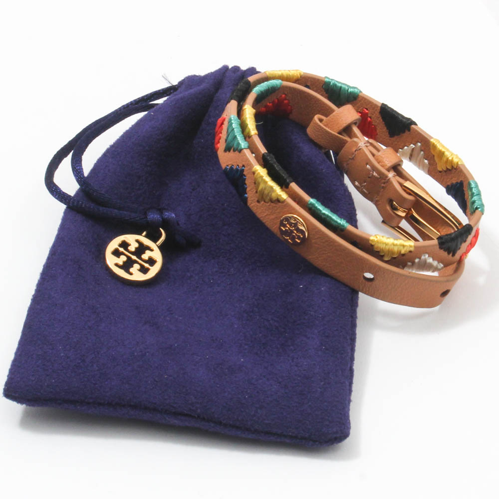 Tory Burch Embroidered Leather Wrap Bracelet