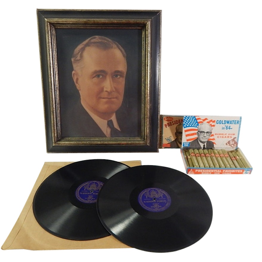 FDR Framed Chromolithograph, Goldwater Bubble Gum Cigars in Box, Records