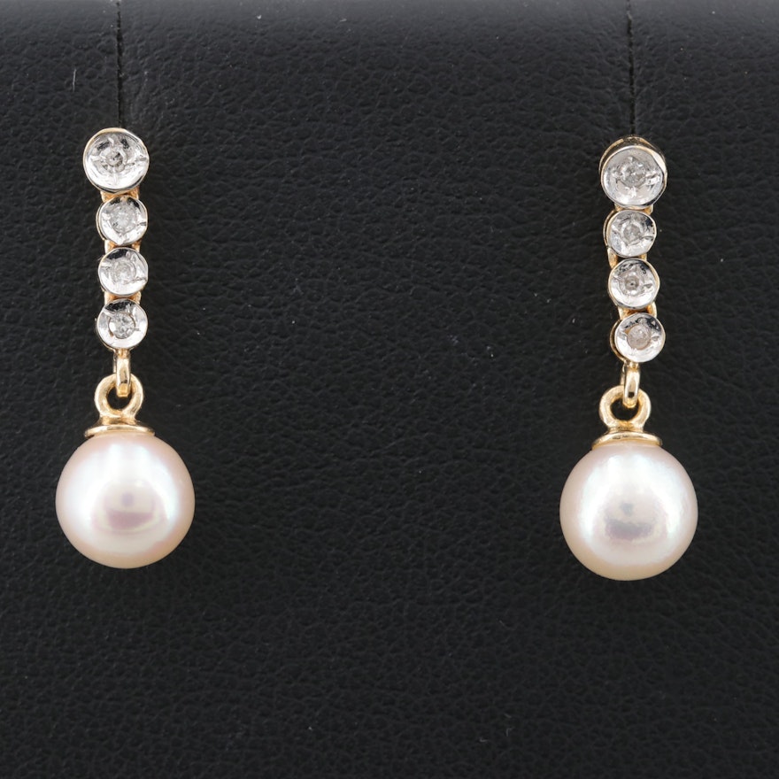 14K Yellow Gold Cultured Pearl and Diamond Dangle Earrings