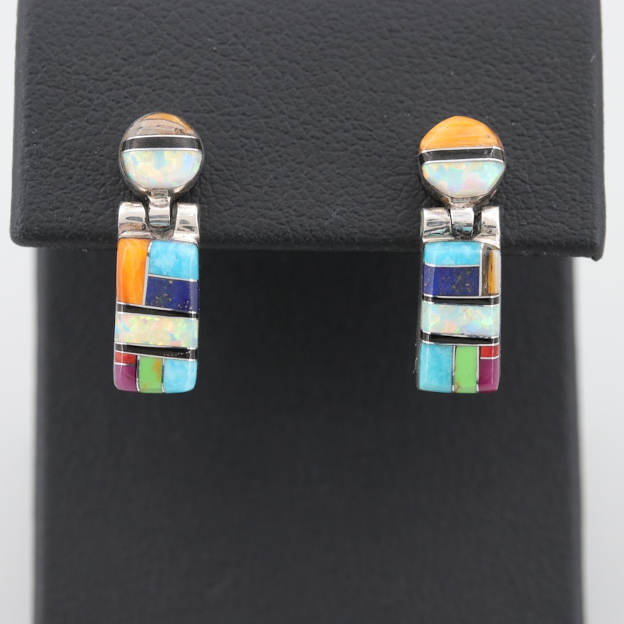 Sterling Silver Turquoise, Lapis Lazuli, and Synthetic Opal Dangle Earrings