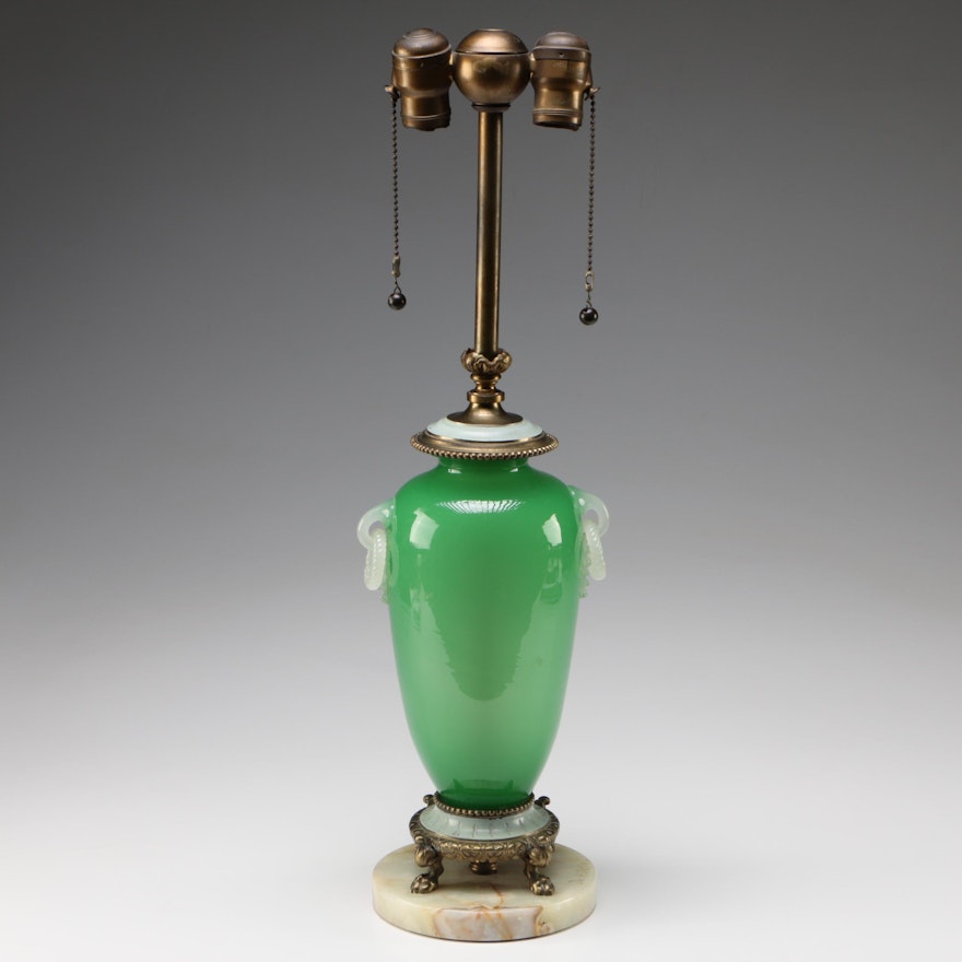 Steuben Green Jade Art Glass Table Lamp on Alabaster Base, 1903 - 1933