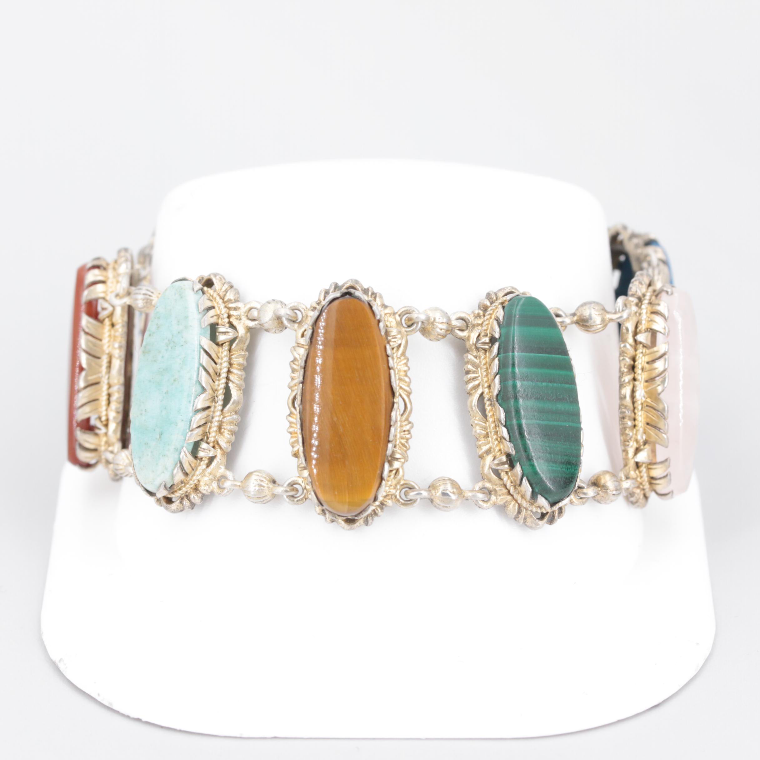 Vintage Sterling Silver Tigers Eye, Rose Quarts and Dyed Chalcedony Bracelet