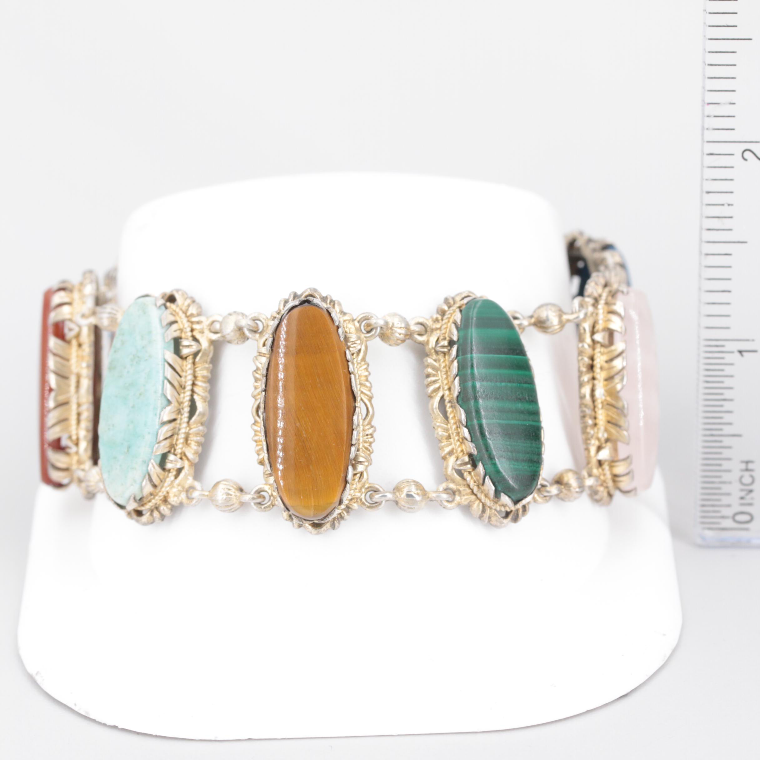 Vintage Sterling Silver Tigers Eye, Rose Quarts and Dyed Chalcedony Bracelet