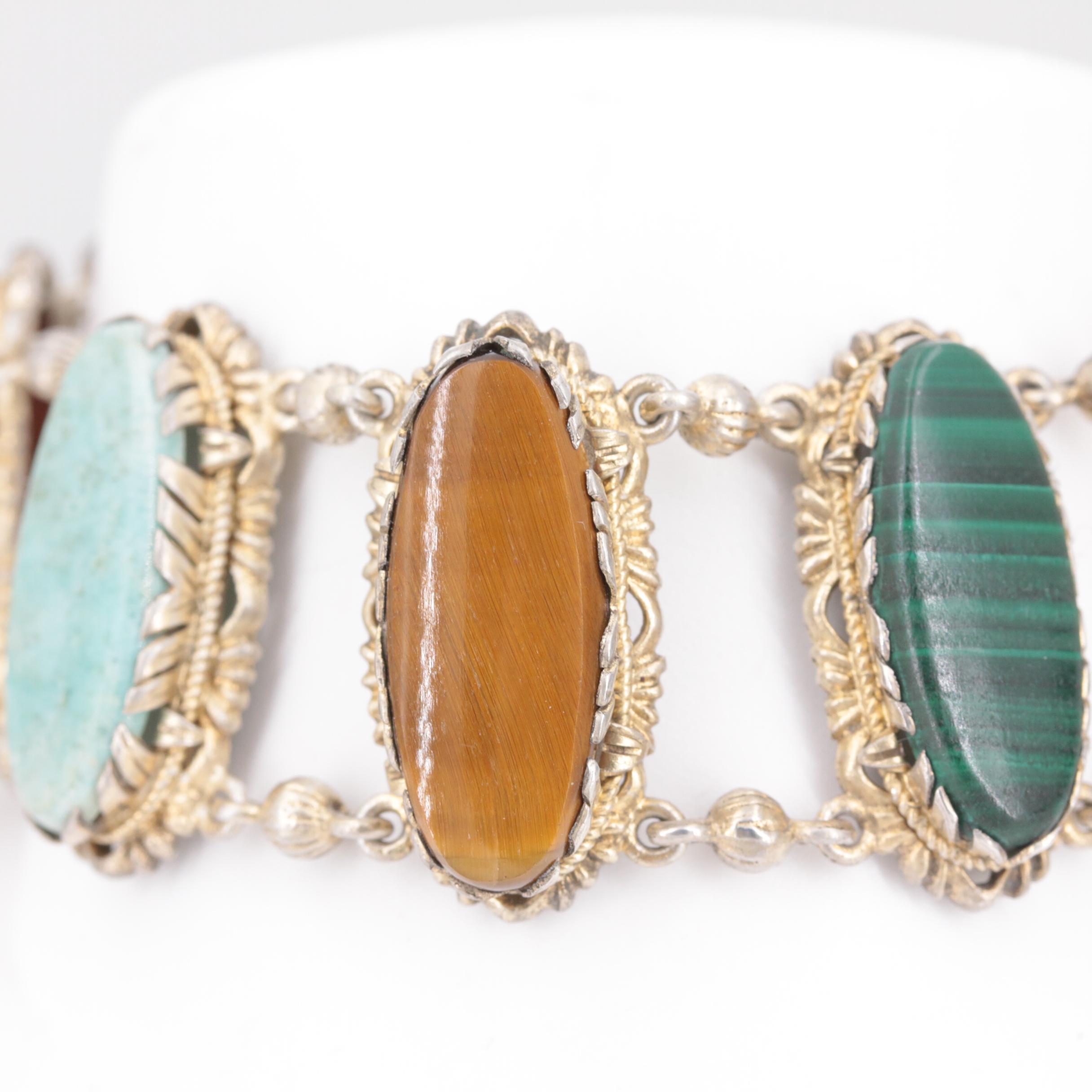 Vintage Sterling Silver Tigers Eye, Rose Quarts and Dyed Chalcedony Bracelet