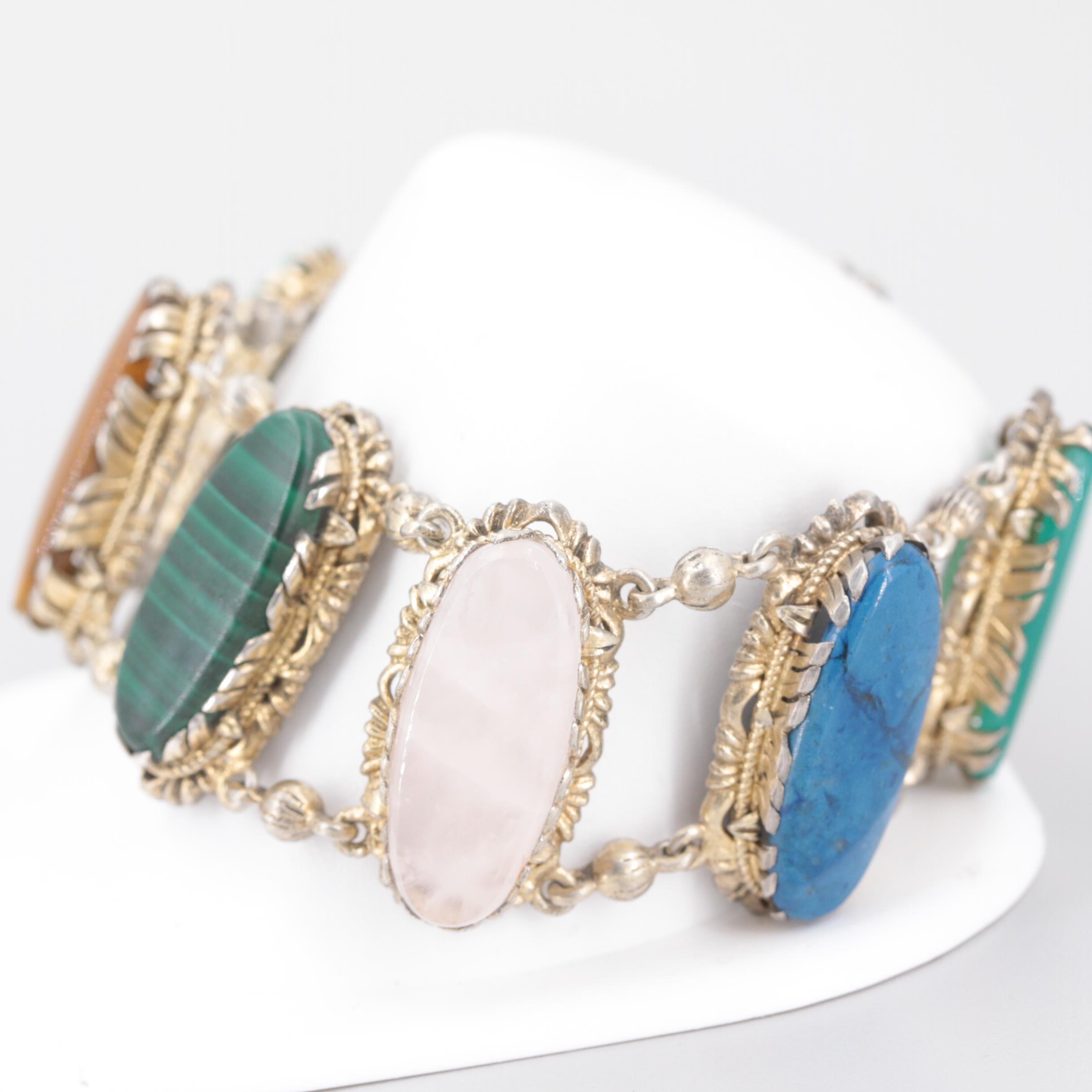 Vintage Sterling Silver Tigers Eye, Rose Quarts and Dyed Chalcedony Bracelet