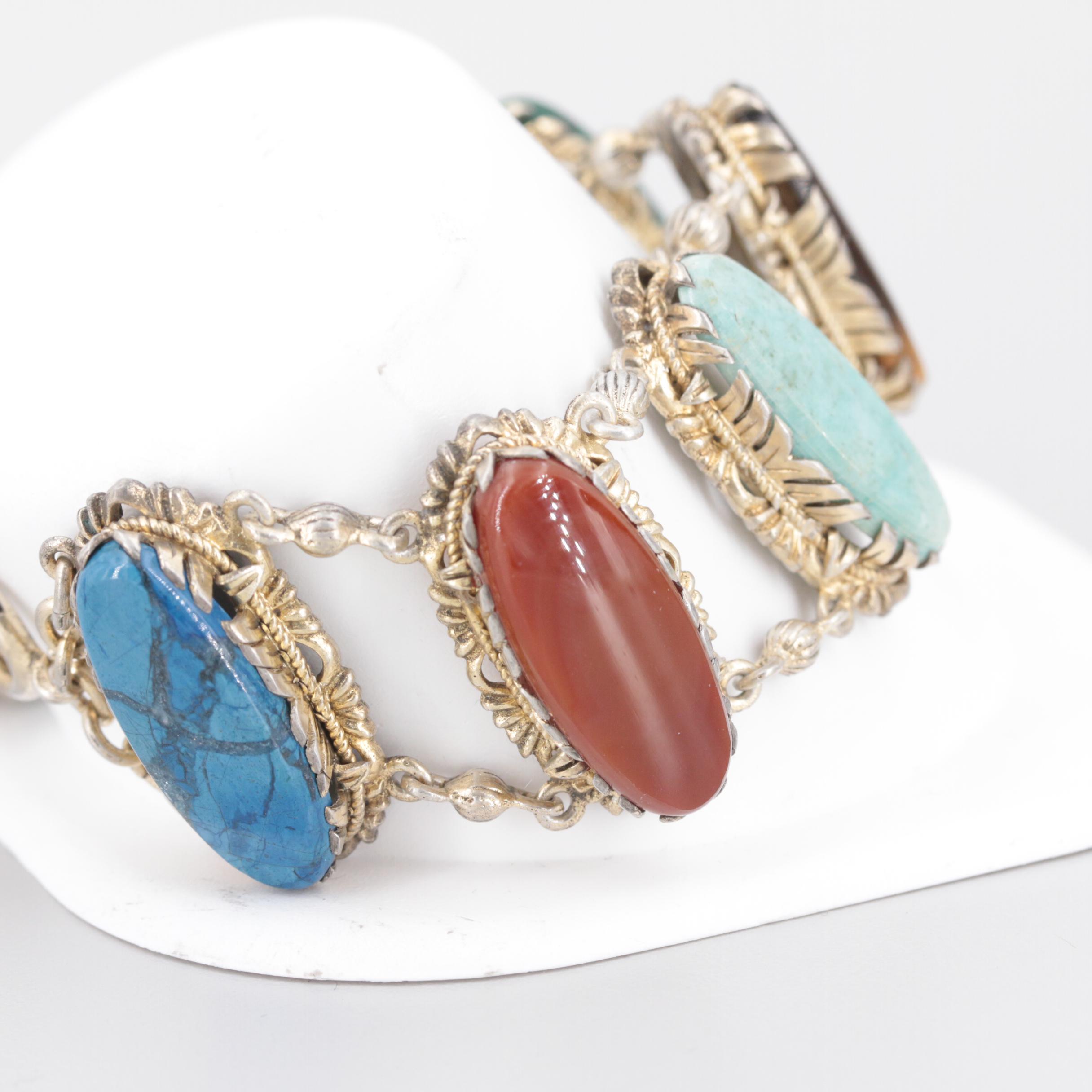 Vintage Sterling Silver Tigers Eye, Rose Quarts and Dyed Chalcedony Bracelet