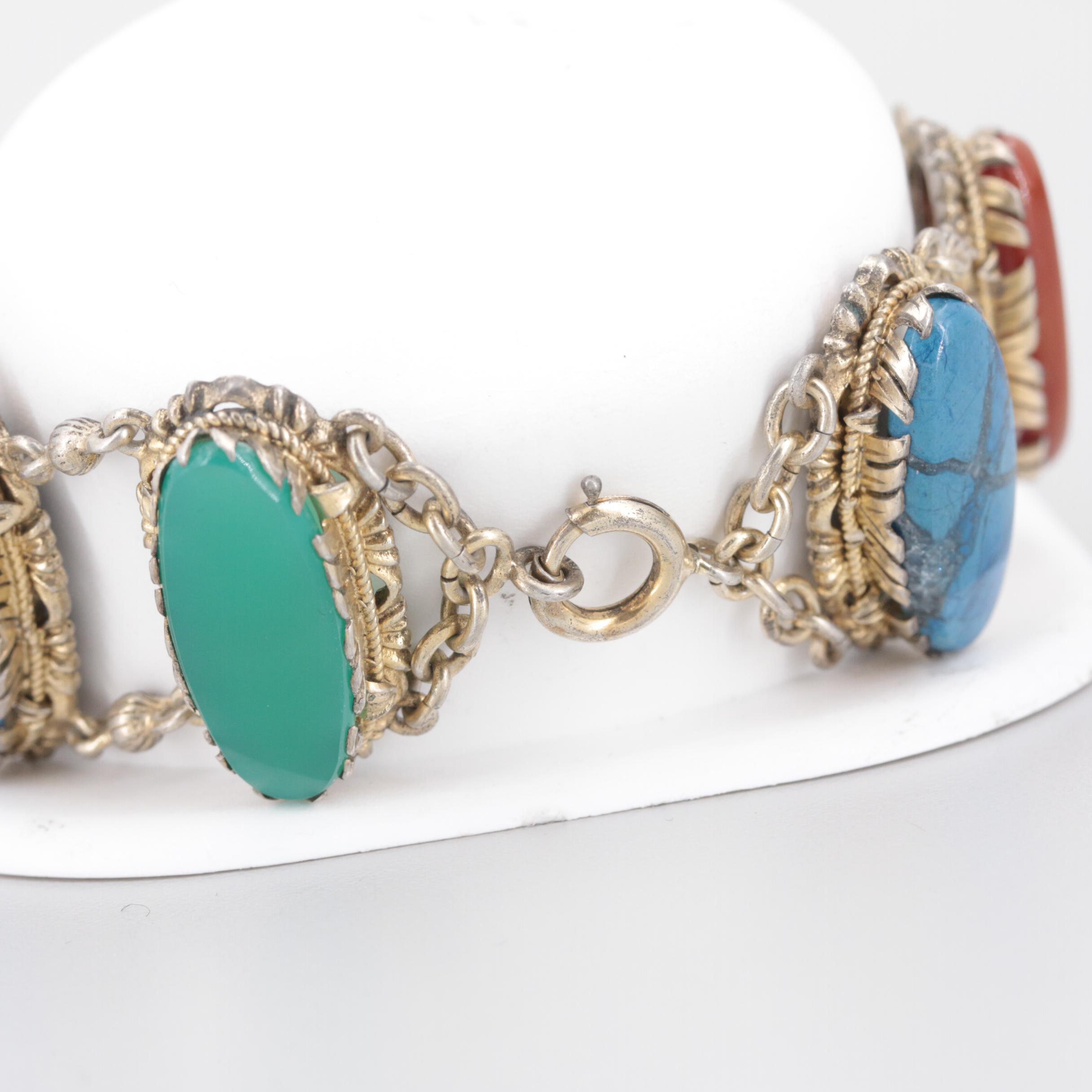 Vintage Sterling Silver Tigers Eye, Rose Quarts and Dyed Chalcedony Bracelet