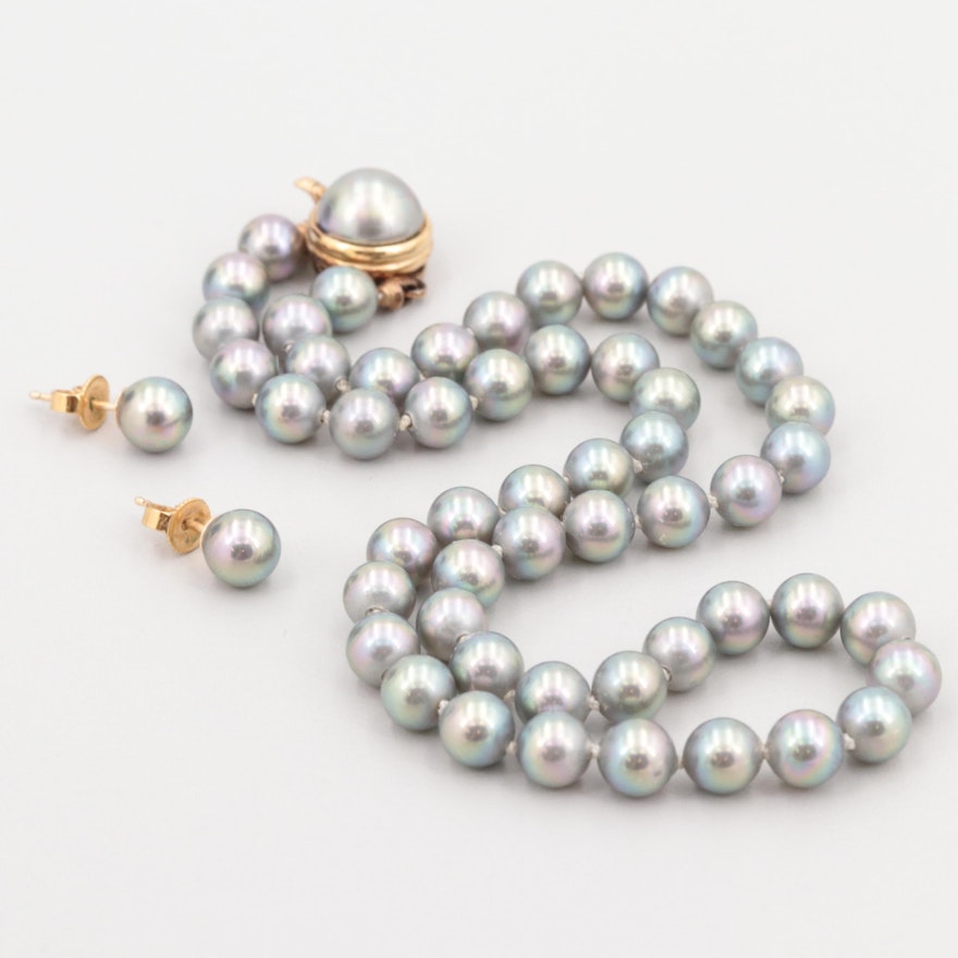 14K Earrings and Majorica Gold Wash on Sterling Silver Imitation Pearl Necklace