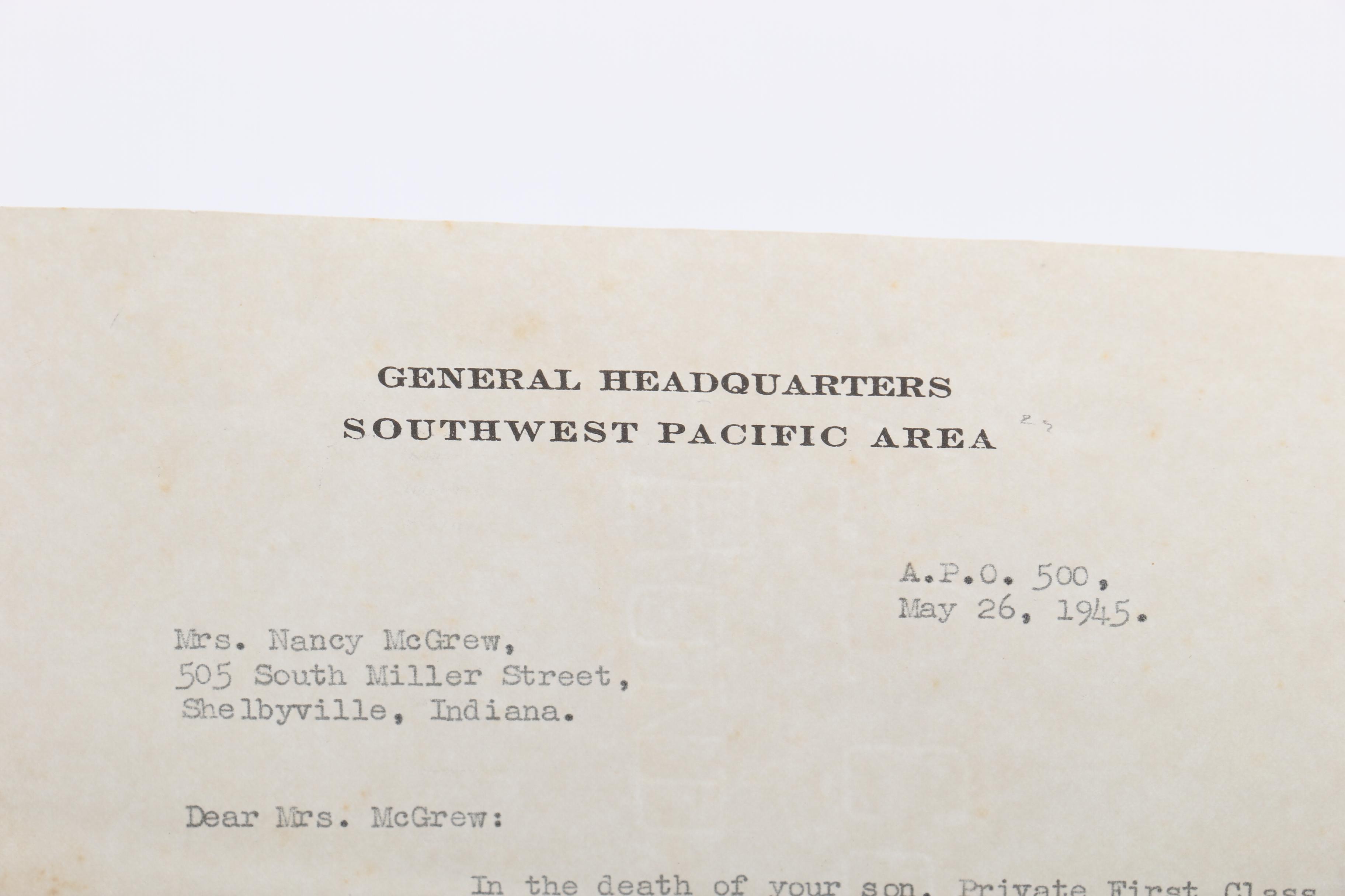 Douglas MacArthur Autographed Condolence Letter, 1945