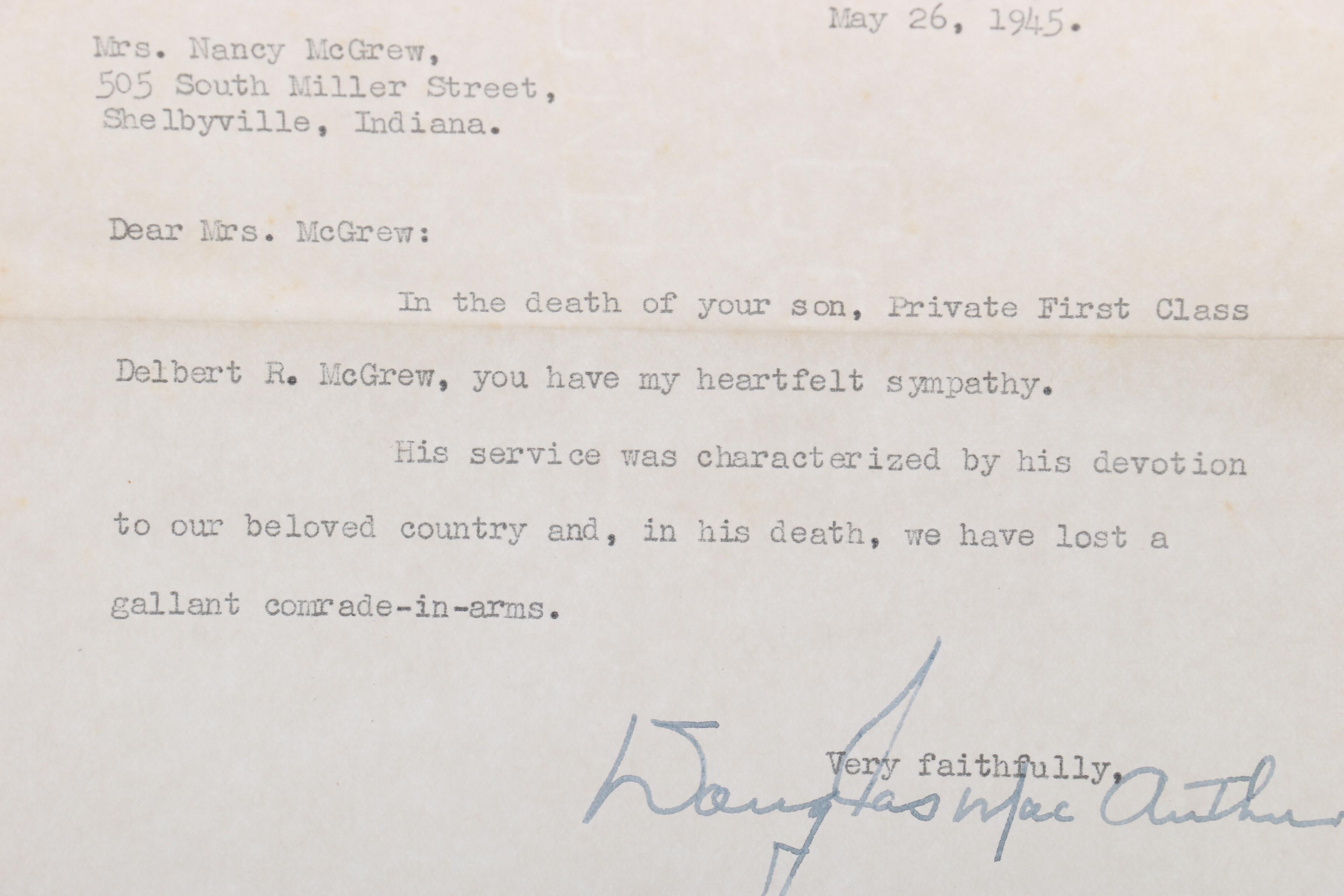 Douglas MacArthur Autographed Condolence Letter, 1945