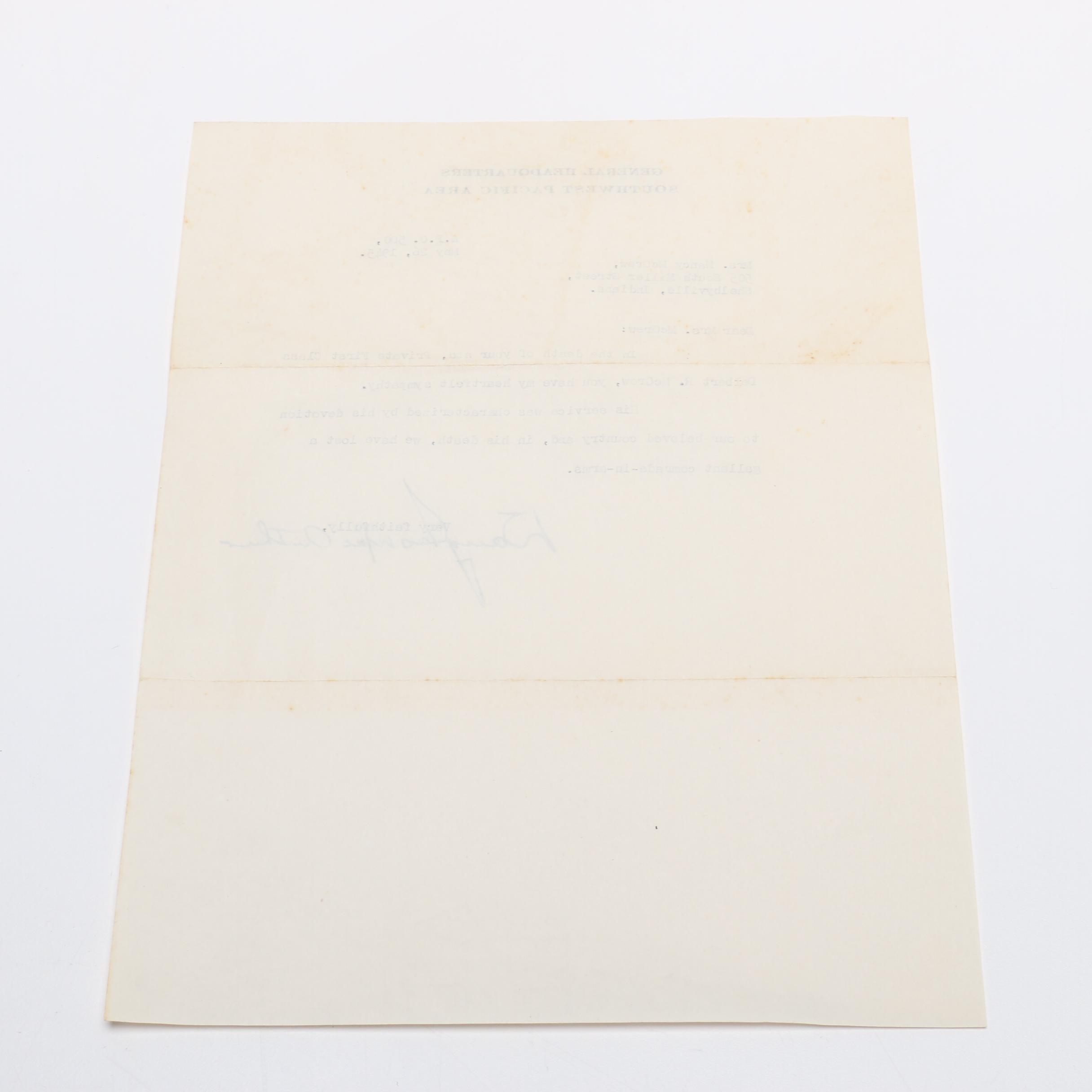 Douglas MacArthur Autographed Condolence Letter, 1945