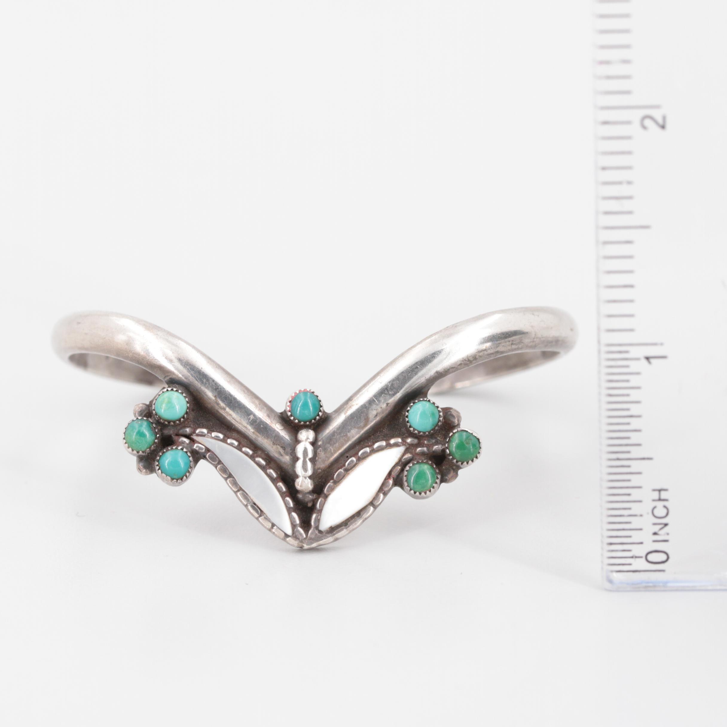 Southwestern Style Sterling Silver Turquoise and Mother of Pearl Cuff Bracelet