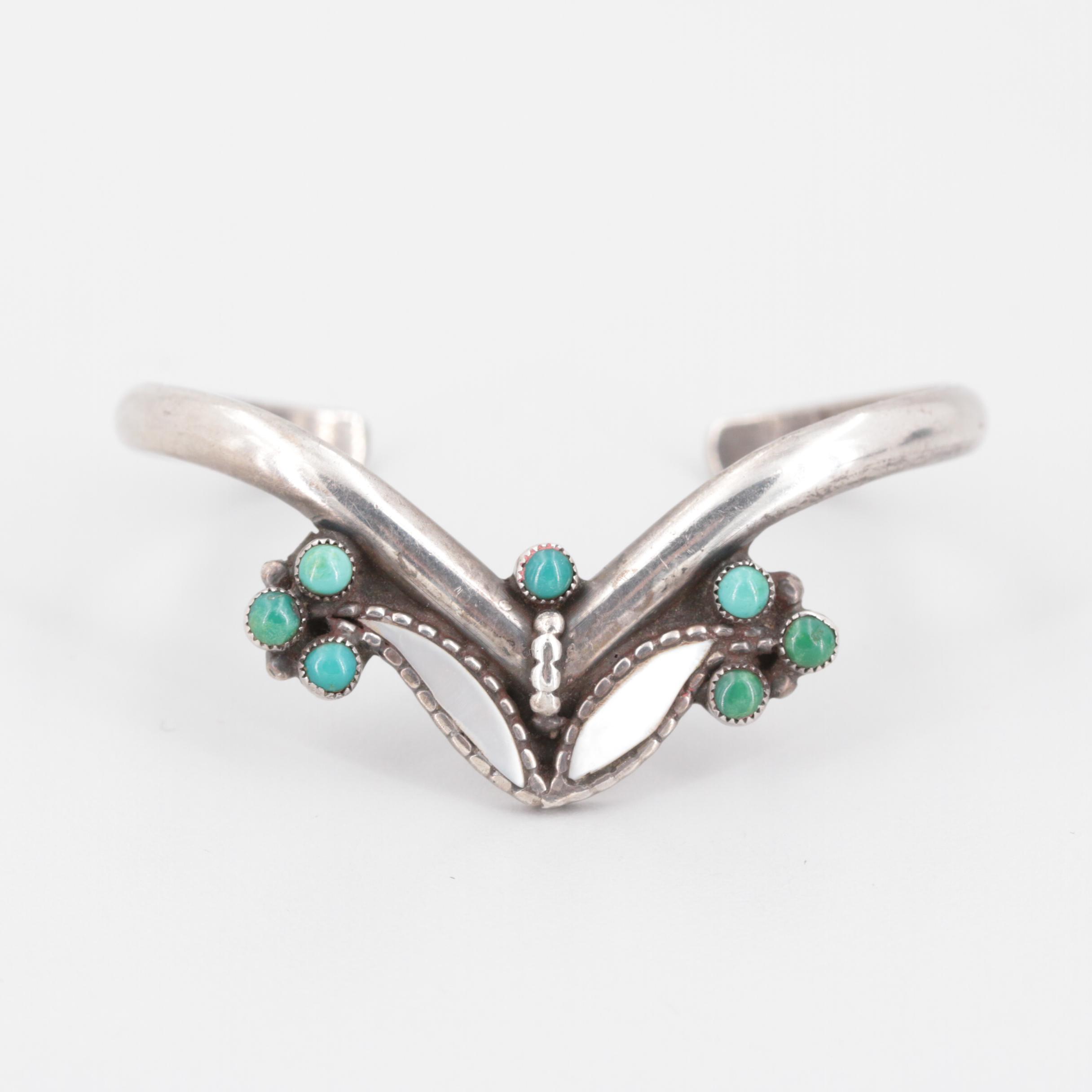Southwestern Style Sterling Silver Turquoise and Mother of Pearl Cuff Bracelet
