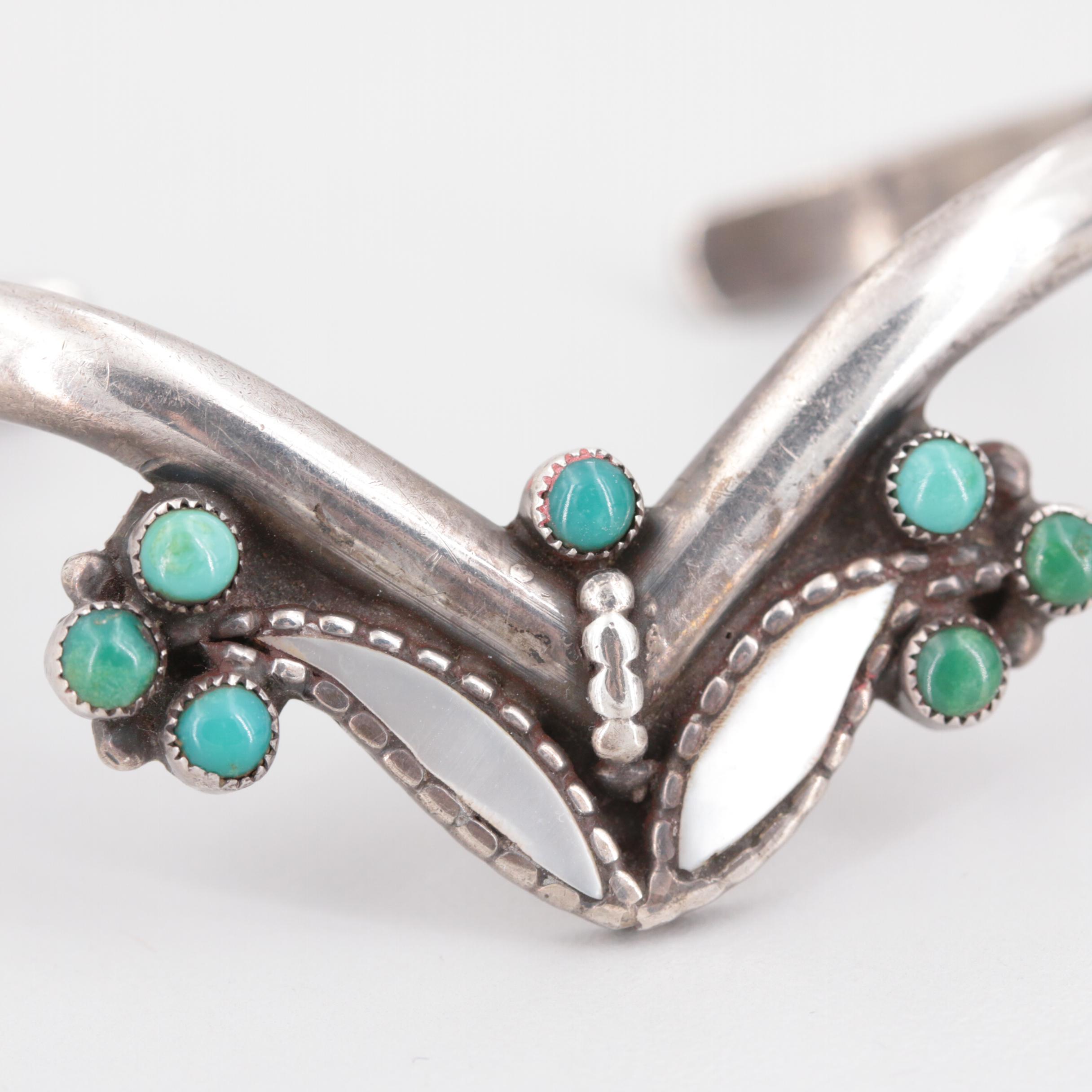 Southwestern Style Sterling Silver Turquoise and Mother of Pearl Cuff Bracelet