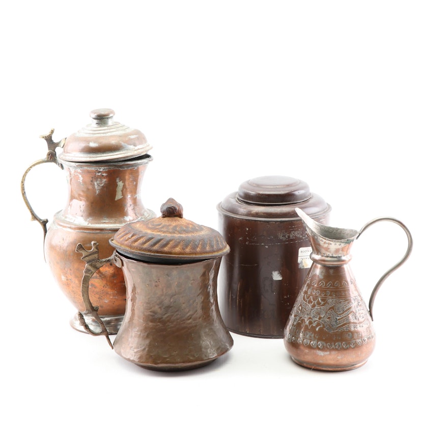 Copper and Metal Serveware including Etched and Hammered Pitcher