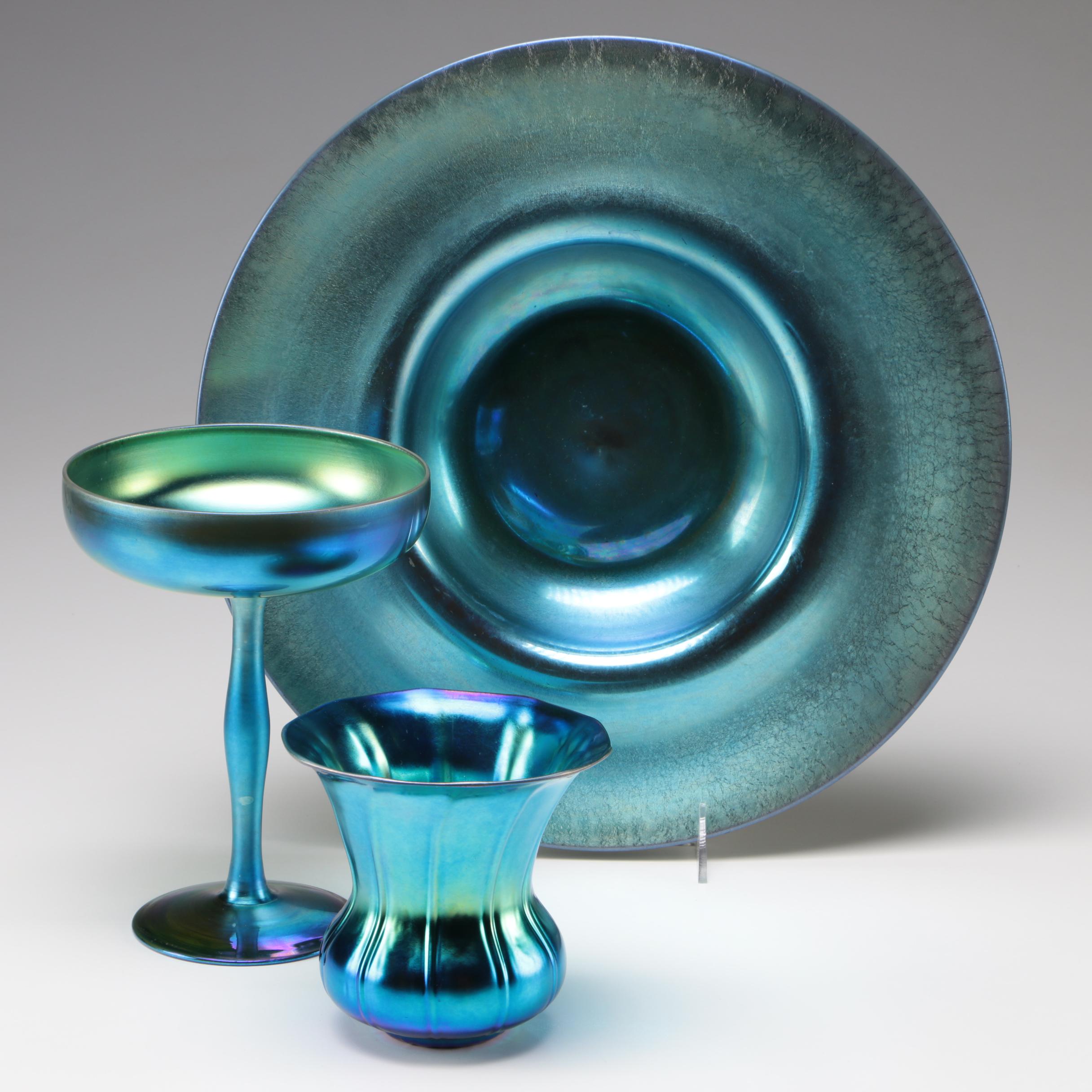 Steuben Blue Aurene Art Glass Compote, Pan and Vase, Early 20th Century