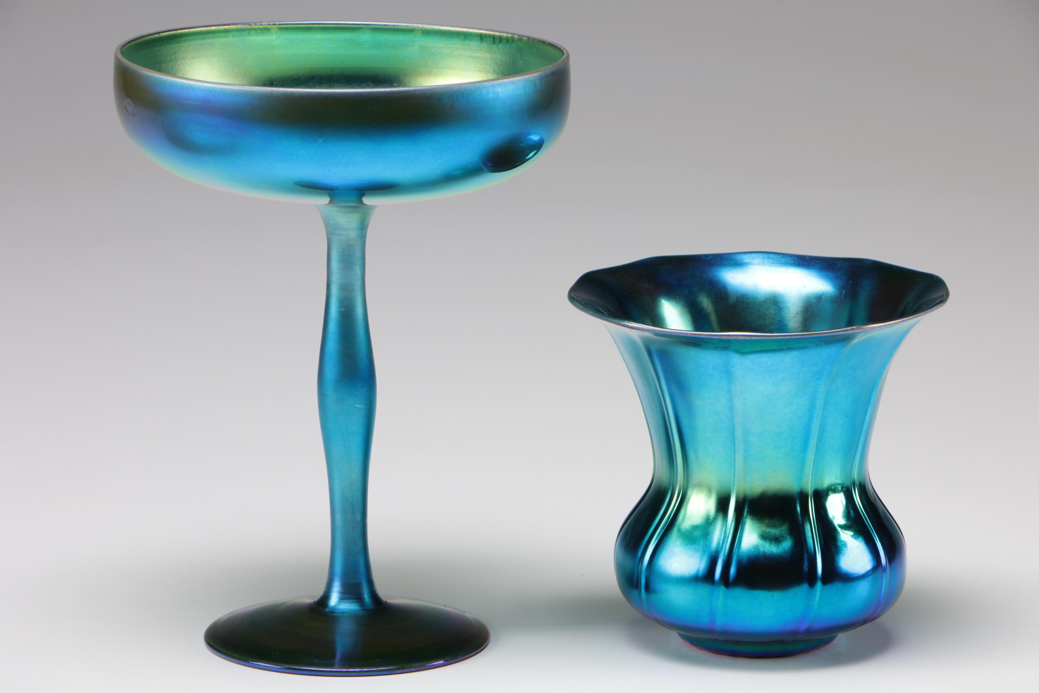 Steuben Blue Aurene Art Glass Compote, Pan and Vase, Early 20th Century