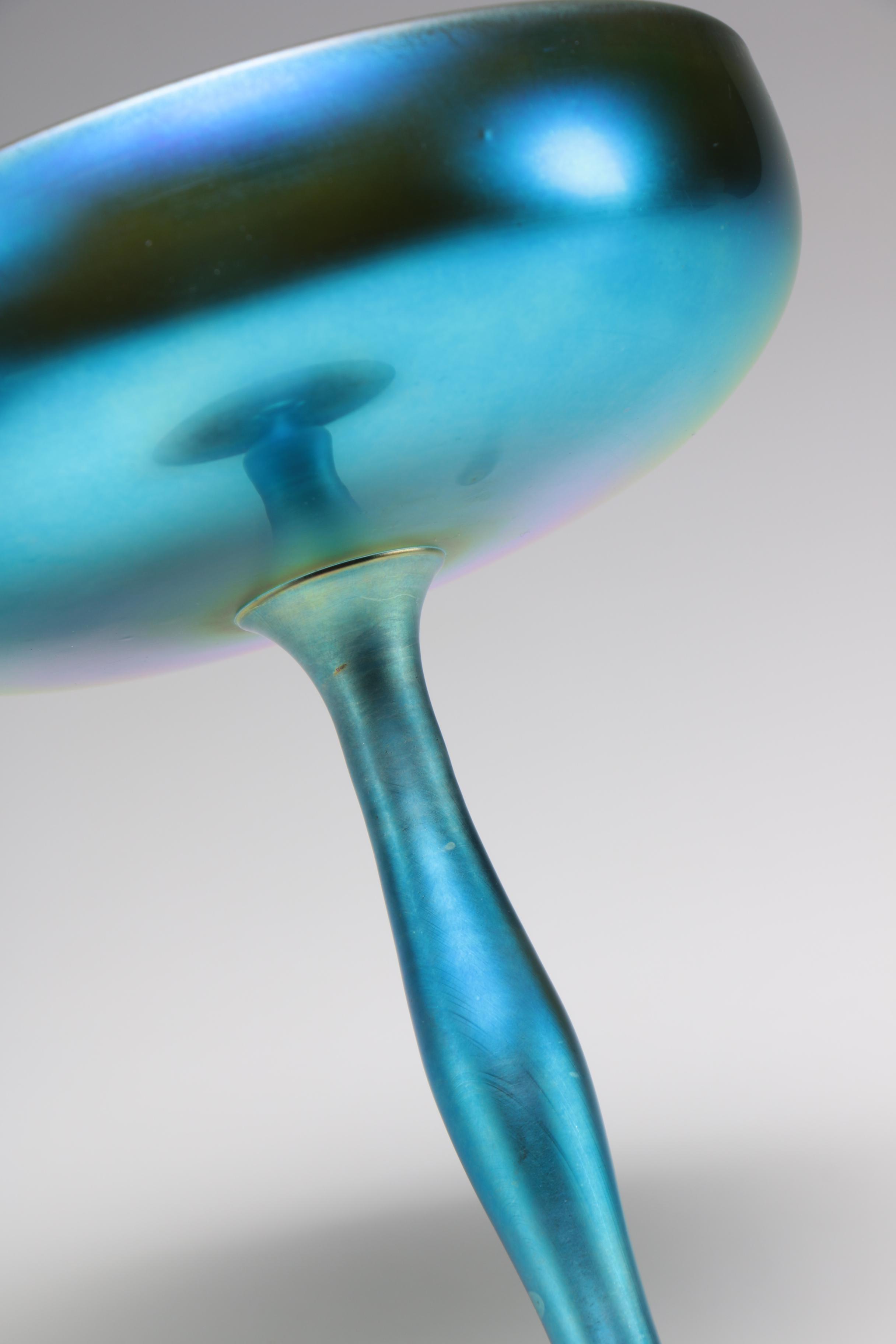 Steuben Blue Aurene Art Glass Compote, Pan and Vase, Early 20th Century