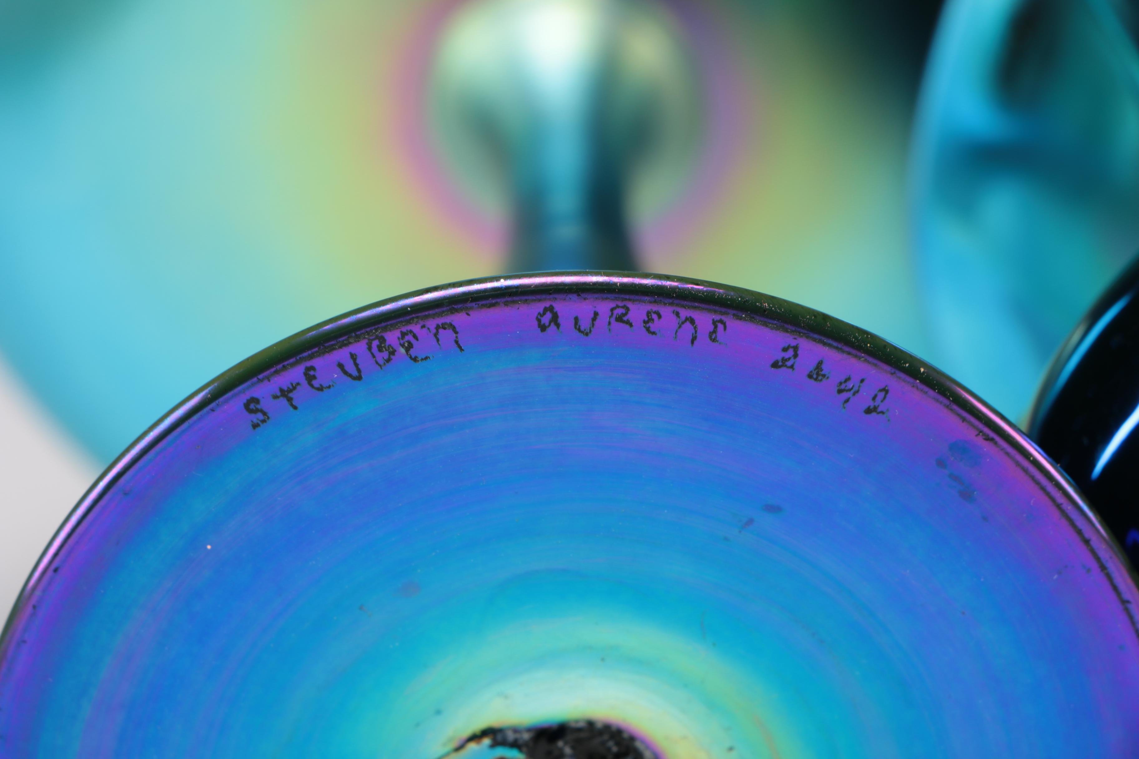 Steuben Blue Aurene Art Glass Compote, Pan and Vase, Early 20th Century